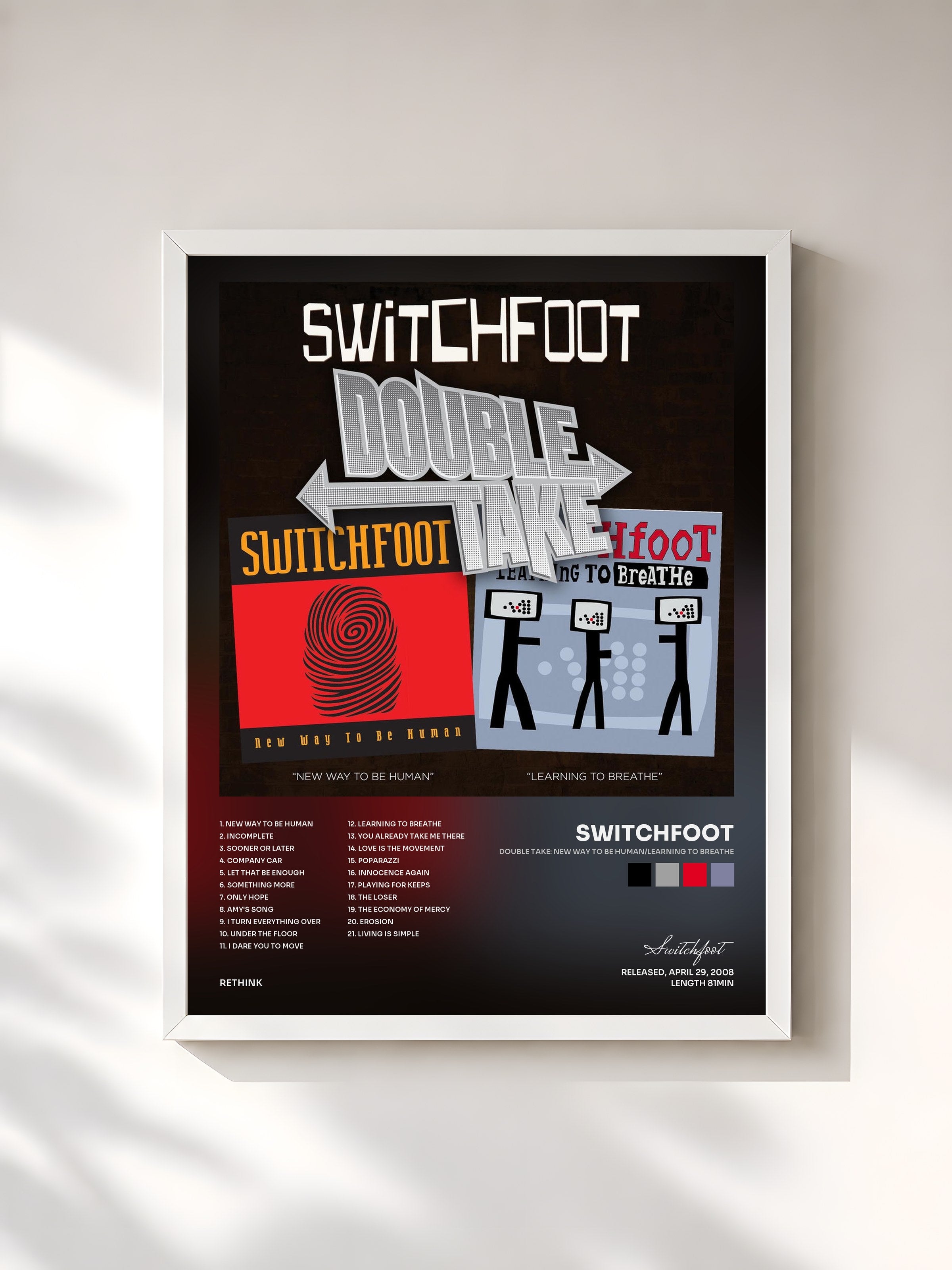 #blanc Tableau de l'album Double Take: New Way To Be Human/Learning To Breathe de Switchfoot, cadre blanc, imprimé et encadré en France