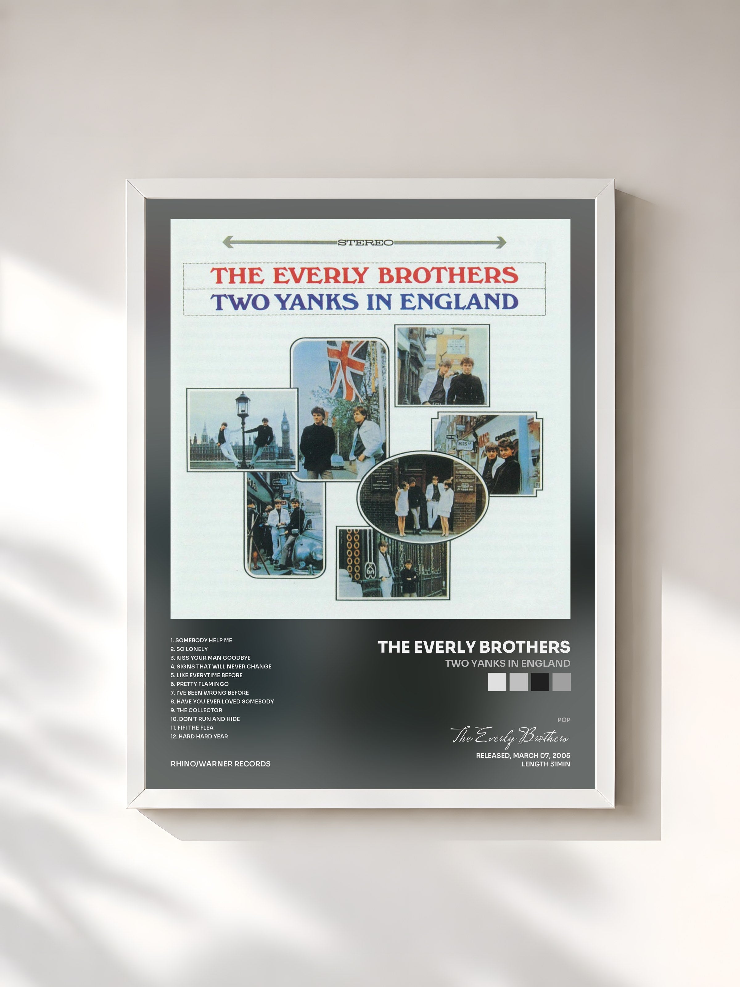 #blanc Tableau de l'album Two Yanks In England de The Everly Brothers, cadre blanc, imprimé et encadré en France