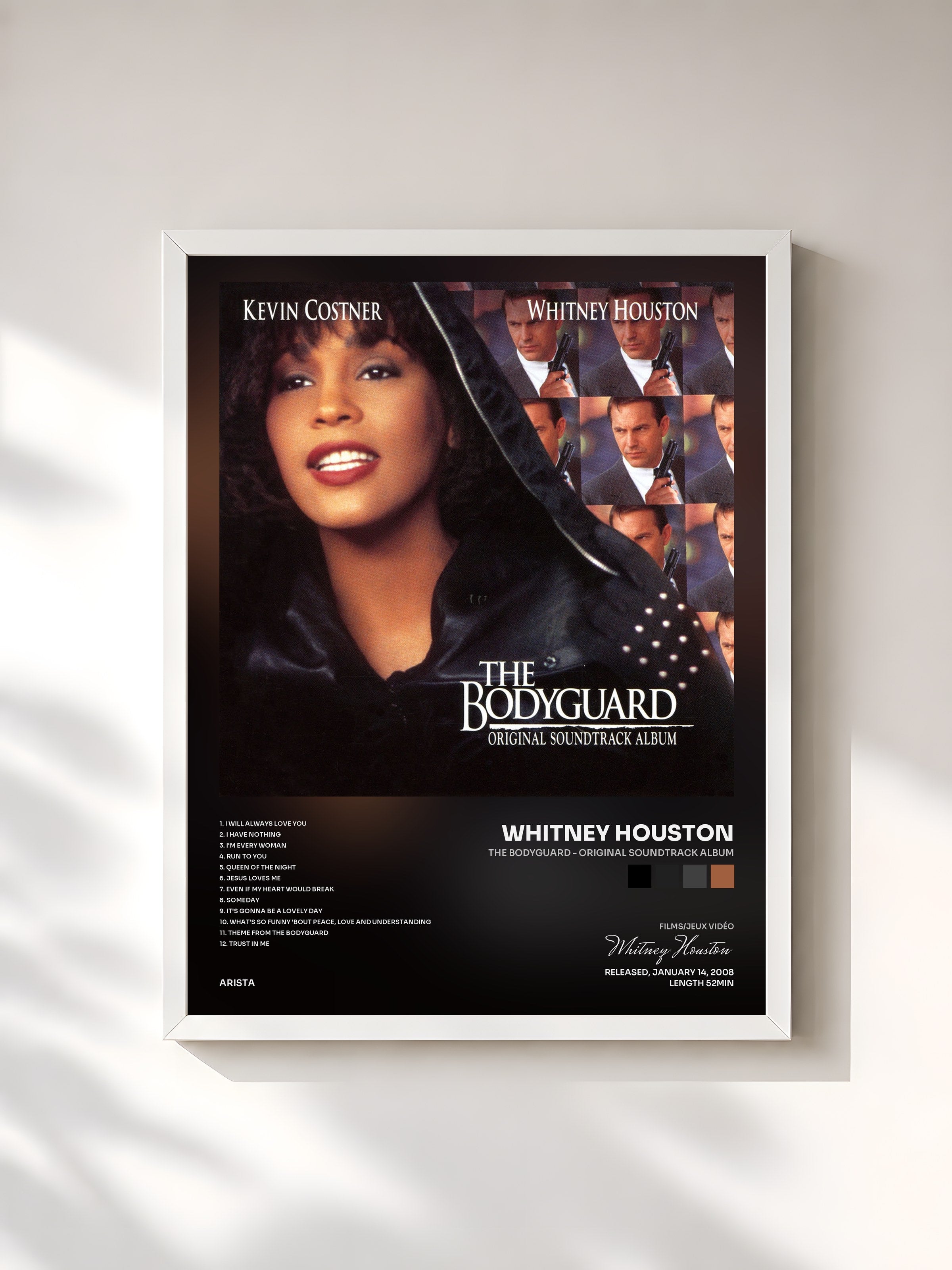 #blanc The Bodyguard - Original Soundtrack Album de Whitney Houston en lámina enmarcada, marco blanco, impresa y enmarcada en Francia
