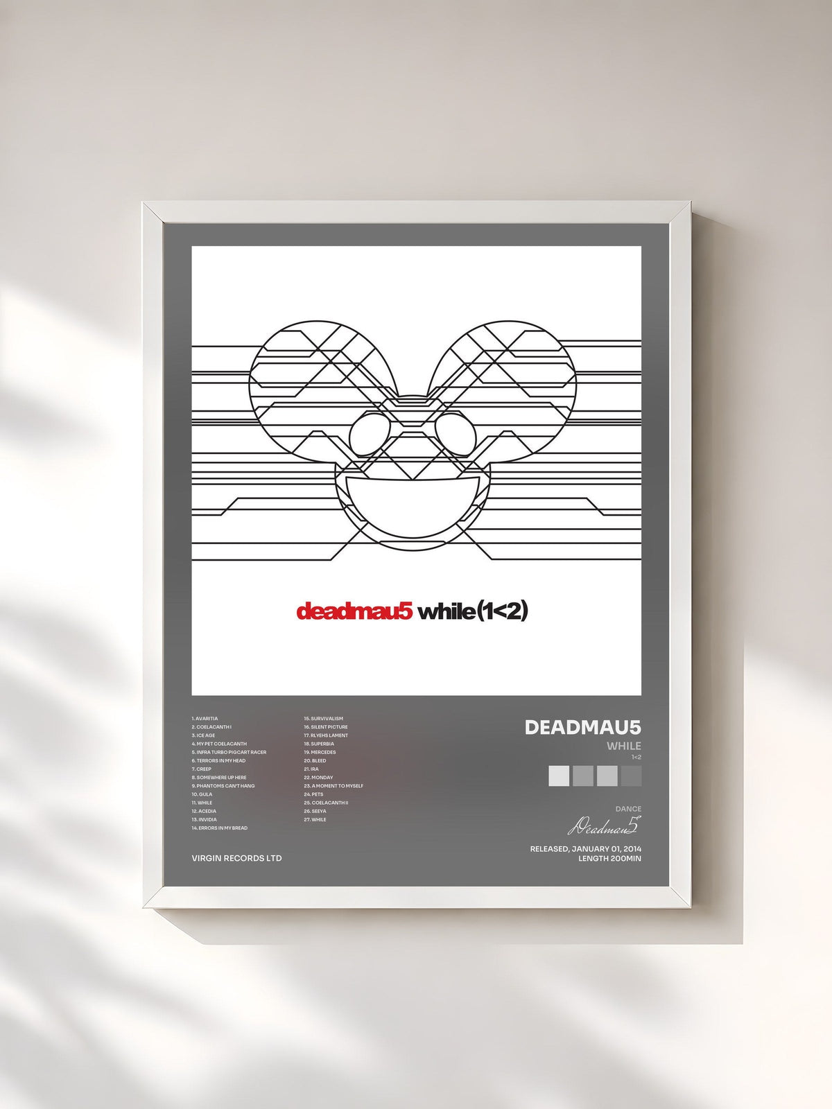 #blanc Tableau de l'album while(1<2) de Deadmau5, cadre blanc, imprimé et encadré en France