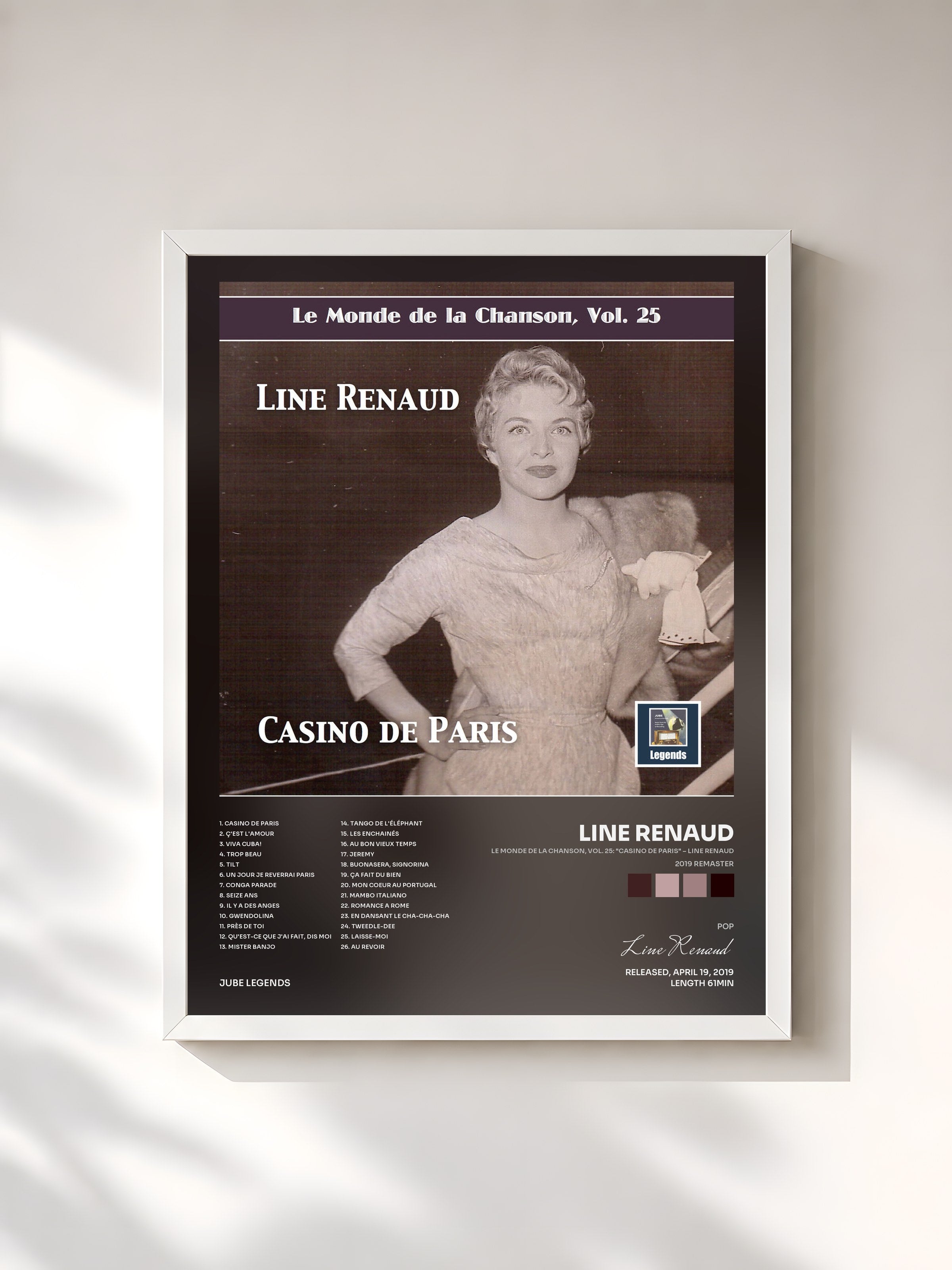 #blanc Tableau de l'album Le Monde de la Chanson, Vol. 25: "Casino de Paris" – Line Renaud (2019 Remaster) de Line Renaud, cadre blanc, imprimé et encadré en France
