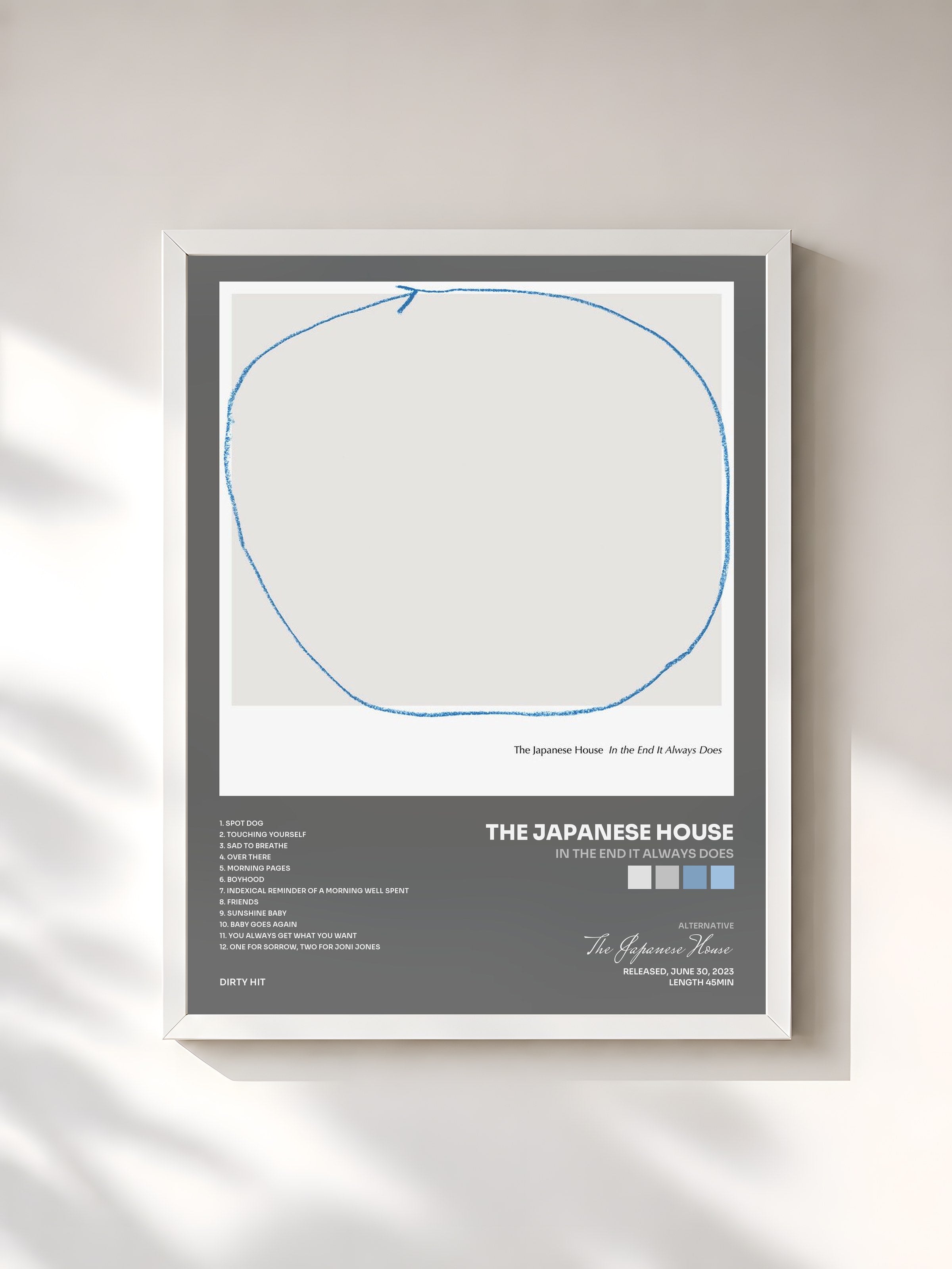 #blanc Tableau de l'album In the End It Always Does de The Japanese House, cadre blanc, imprimé et encadré en France