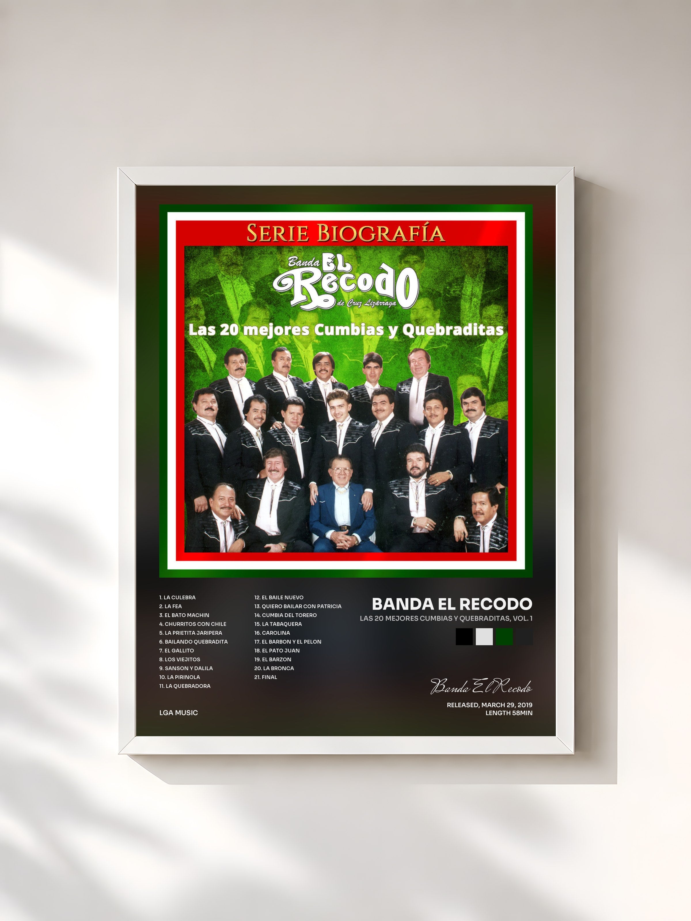 #blanc Tableau de l'album Las 20 Mejores Cumbias y Quebraditas, Vol. 1 de Banda El Recodo, cadre blanc, imprimé et encadré en France