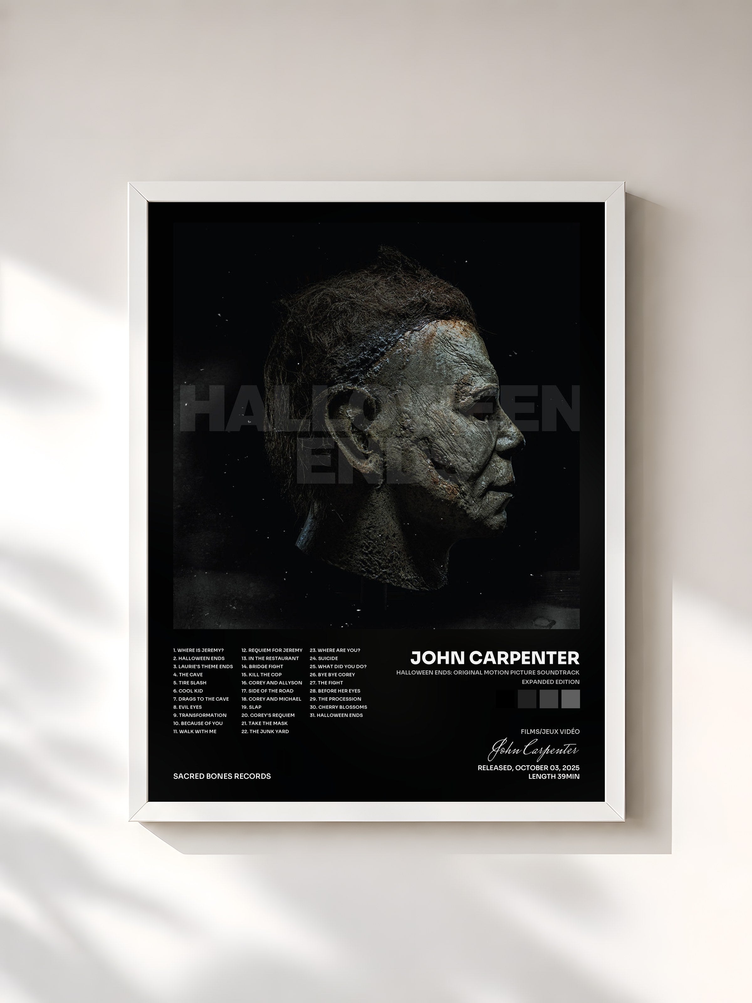#blanc Tableau de l'album Halloween Ends: Original Motion Picture Soundtrack (Expanded Edition) de John Carpenter, cadre blanc, imprimé et encadré en France