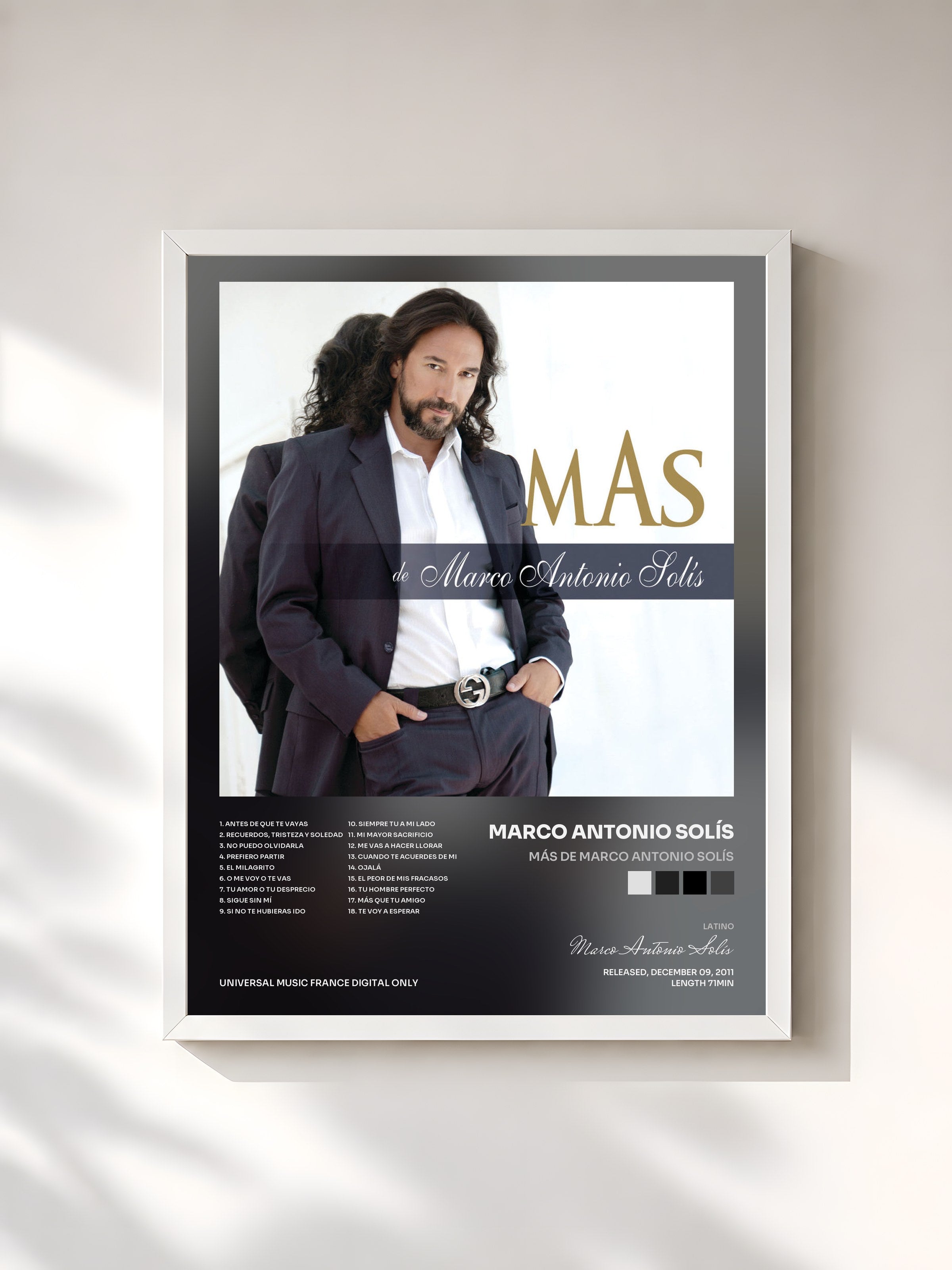 #blanc Tableau de l'album Más De Marco Antonio Solís de Marco Antonio Solís, cadre blanc, imprimé et encadré en France