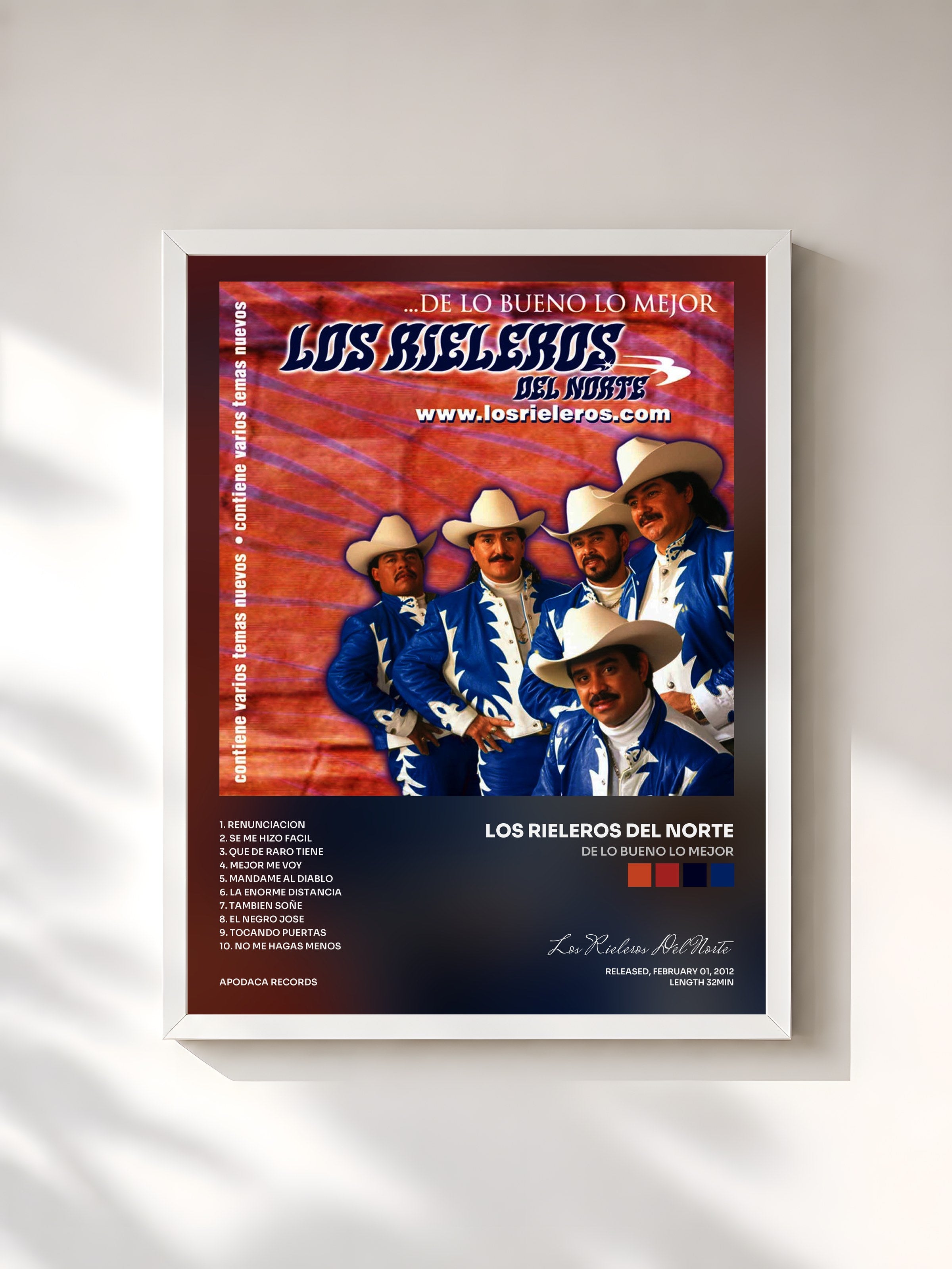 #blanc Tableau de l'album De Lo Bueno Lo Mejor de Los Rieleros Del Norte, cadre blanc, imprimé et encadré en France