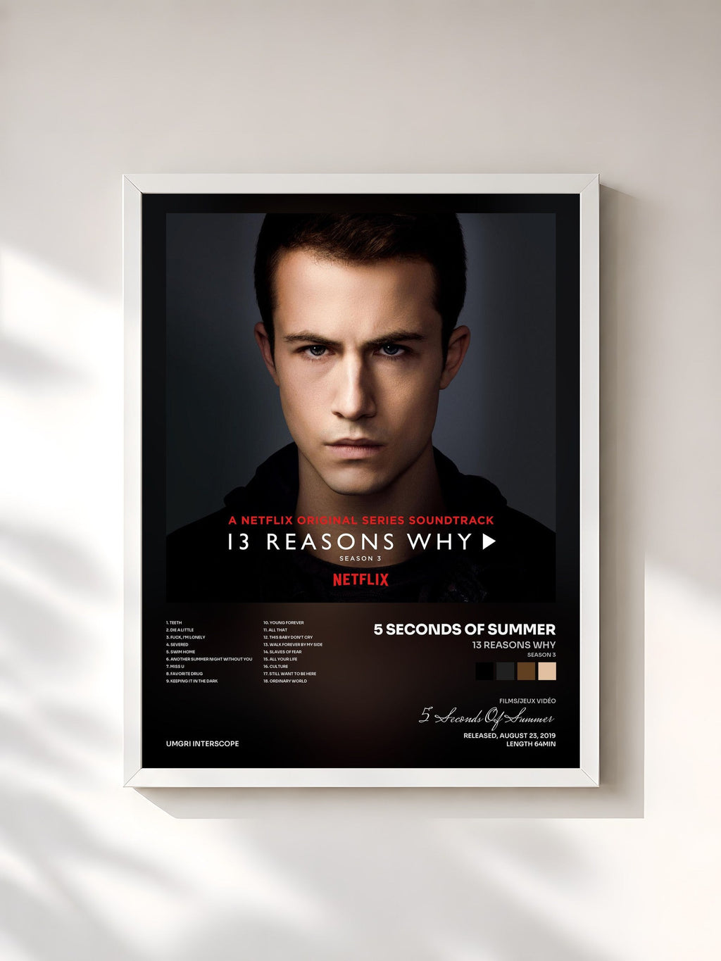 #blanc 13 Reasons Why (Season 3) by 5 Seconds Of Summer as a framed art print, white frame, printed and framed in France