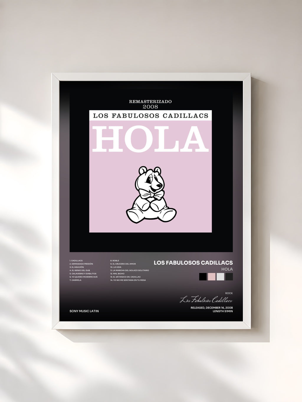 #blanc Tableau de l'album Hola de Los Fabulosos Cadillacs, cadre blanc, imprimé et encadré en France
