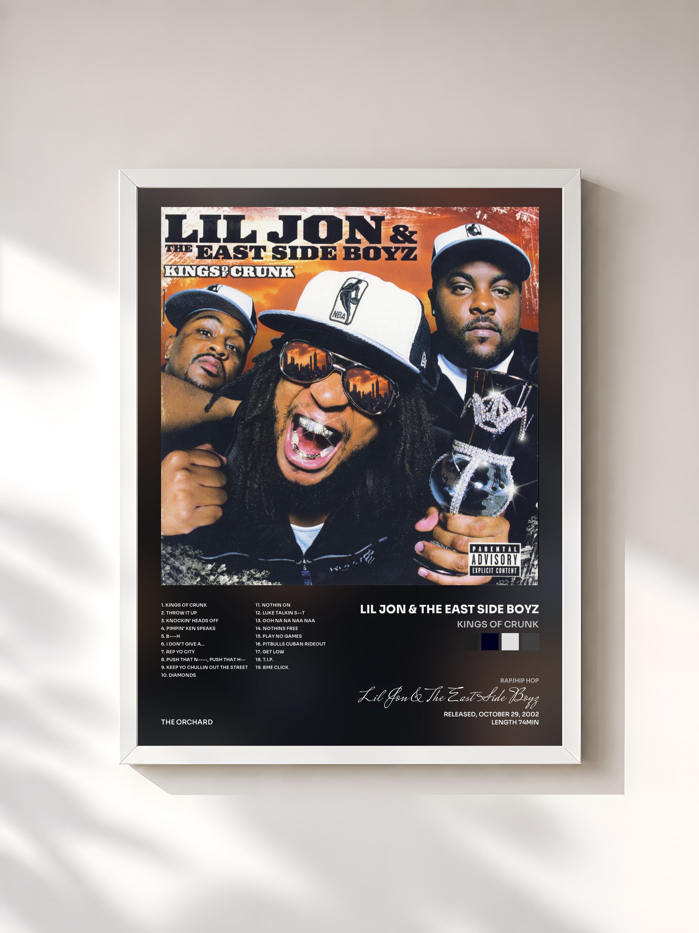 #blanc Tableau de l'album Kings Of Crunk de Lil Jon & The East Side Boyz, cadre blanc, imprimé et encadré en France