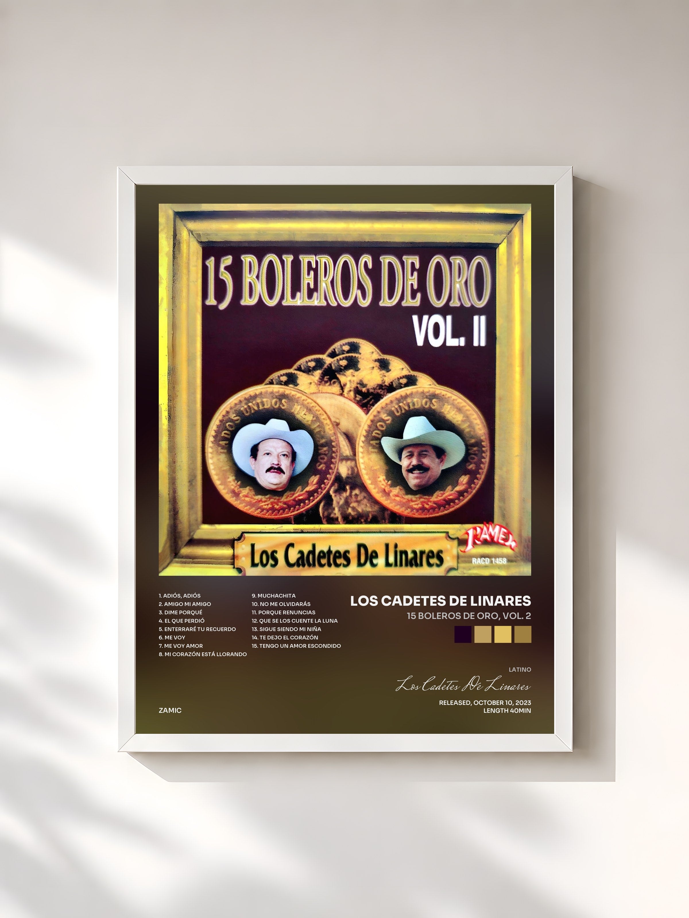 #blanc Tableau de l'album 15 Boleros De Oro, Vol. 2 de Los Cadetes De Linares, cadre blanc, imprimé et encadré en France