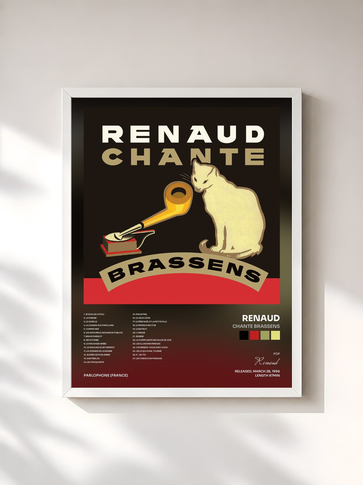 #blanc Tableau de l'album Chante Brassens de Renaud, cadre blanc, imprimé et encadré en France