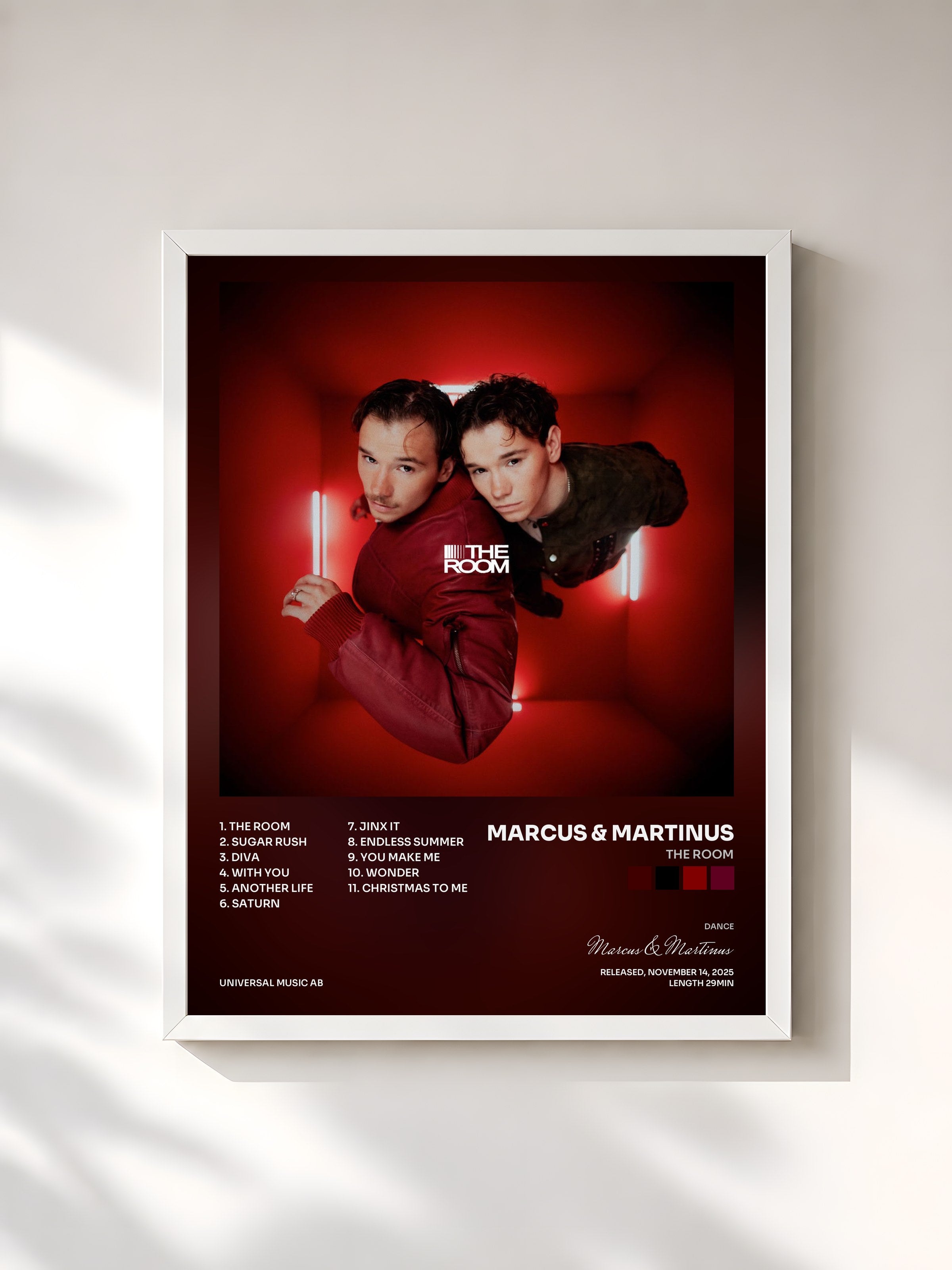 #blanc Tableau de l'album The Room de Marcus & Martinus, cadre blanc, imprimé et encadré en France