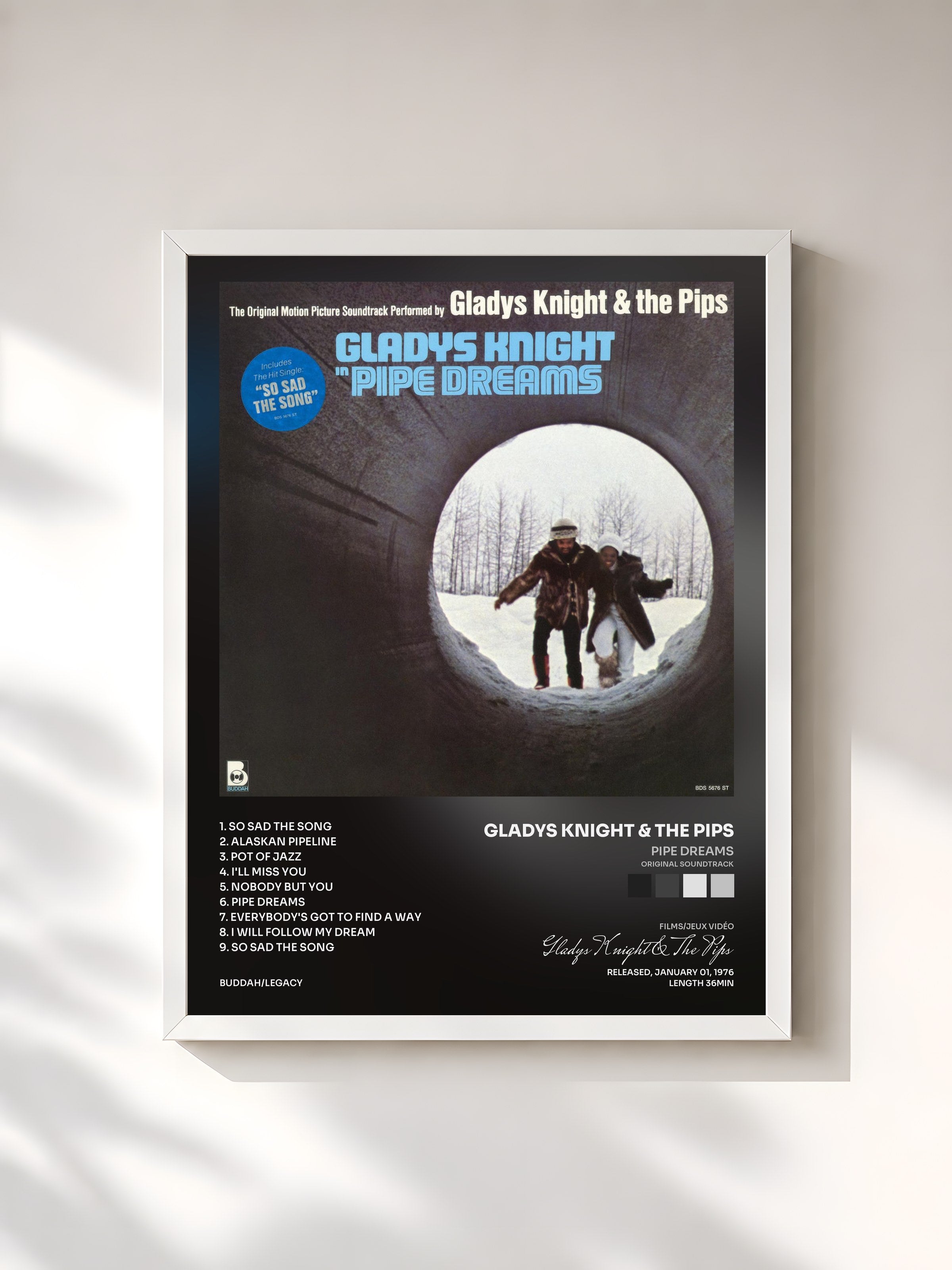 #blanc Tableau de l'album Pipe Dreams (Original Soundtrack) de Gladys Knight & The Pips, cadre blanc, imprimé et encadré en France