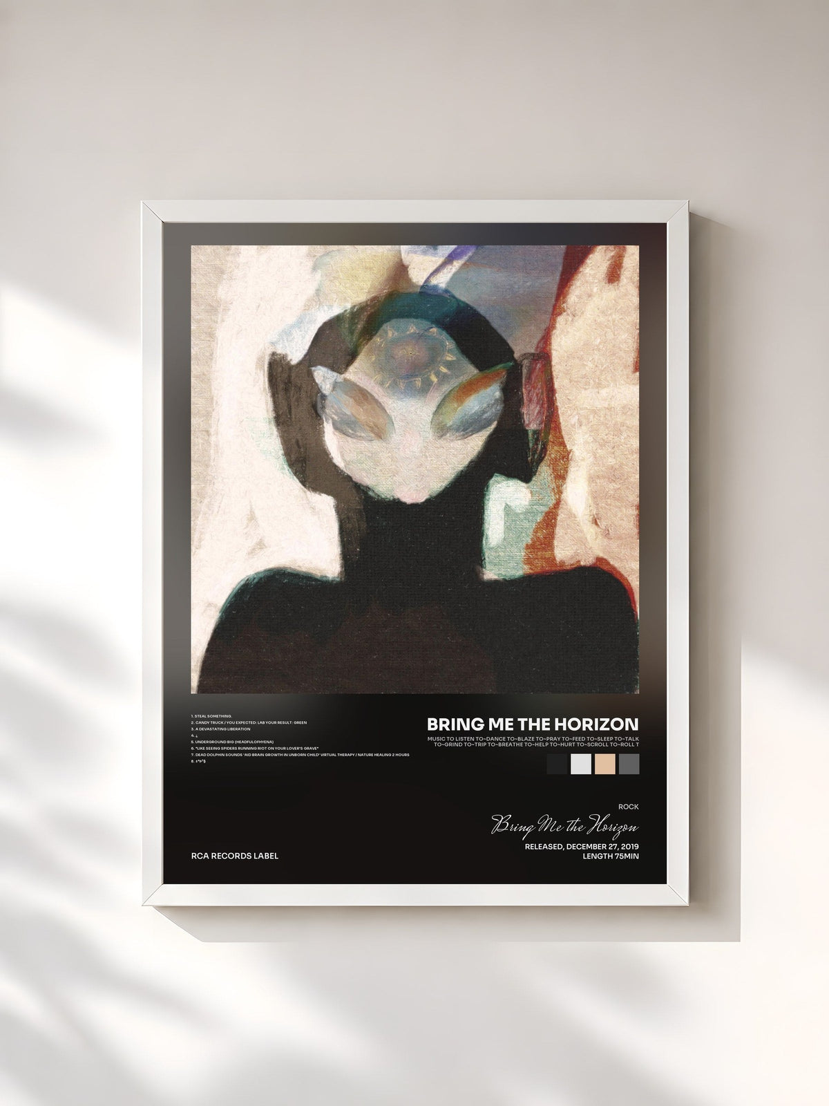 #blanc Tableau de l'album Music to listen to~dance to~blaze to~pray to~feed to~sleep to~talk to~grind to~trip to~breathe to~help to~hurt to~scroll to~roll t de Bring Me the Horizon, cadre blanc, imprimé et encadré en France