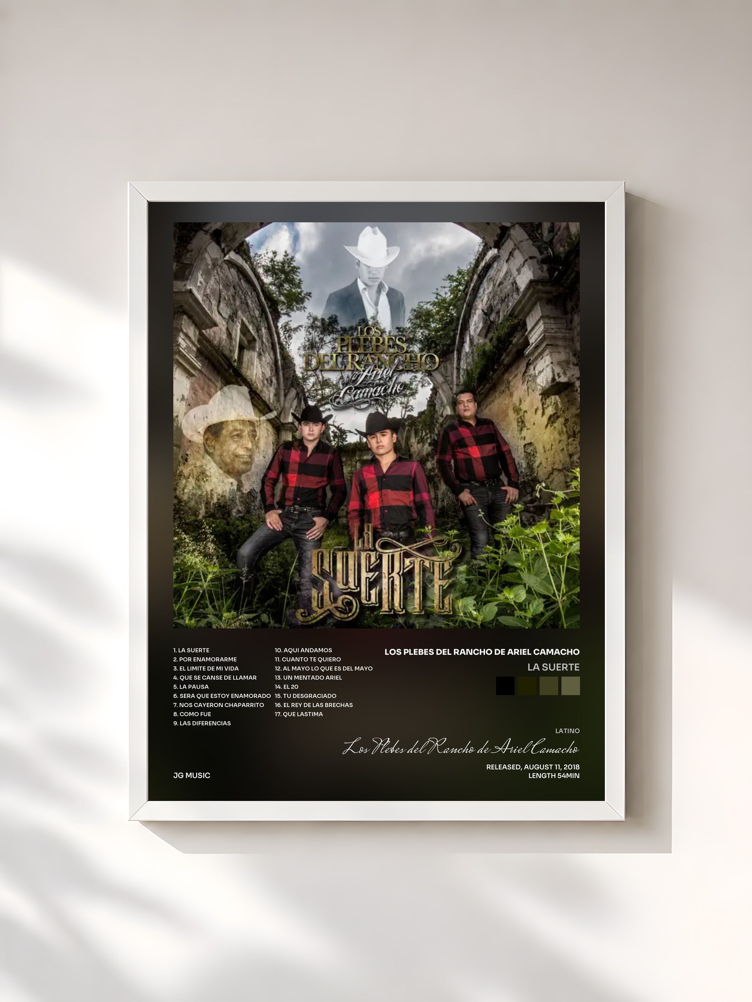 #blanc Tableau de l'album La Suerte de Los Plebes del Rancho de Ariel Camacho, cadre blanc, imprimé et encadré en France