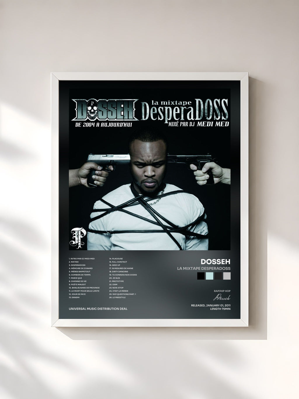 #blanc Tableau de l'album La Mixtape Desperadoss de Dosseh, cadre blanc, imprimé et encadré en France