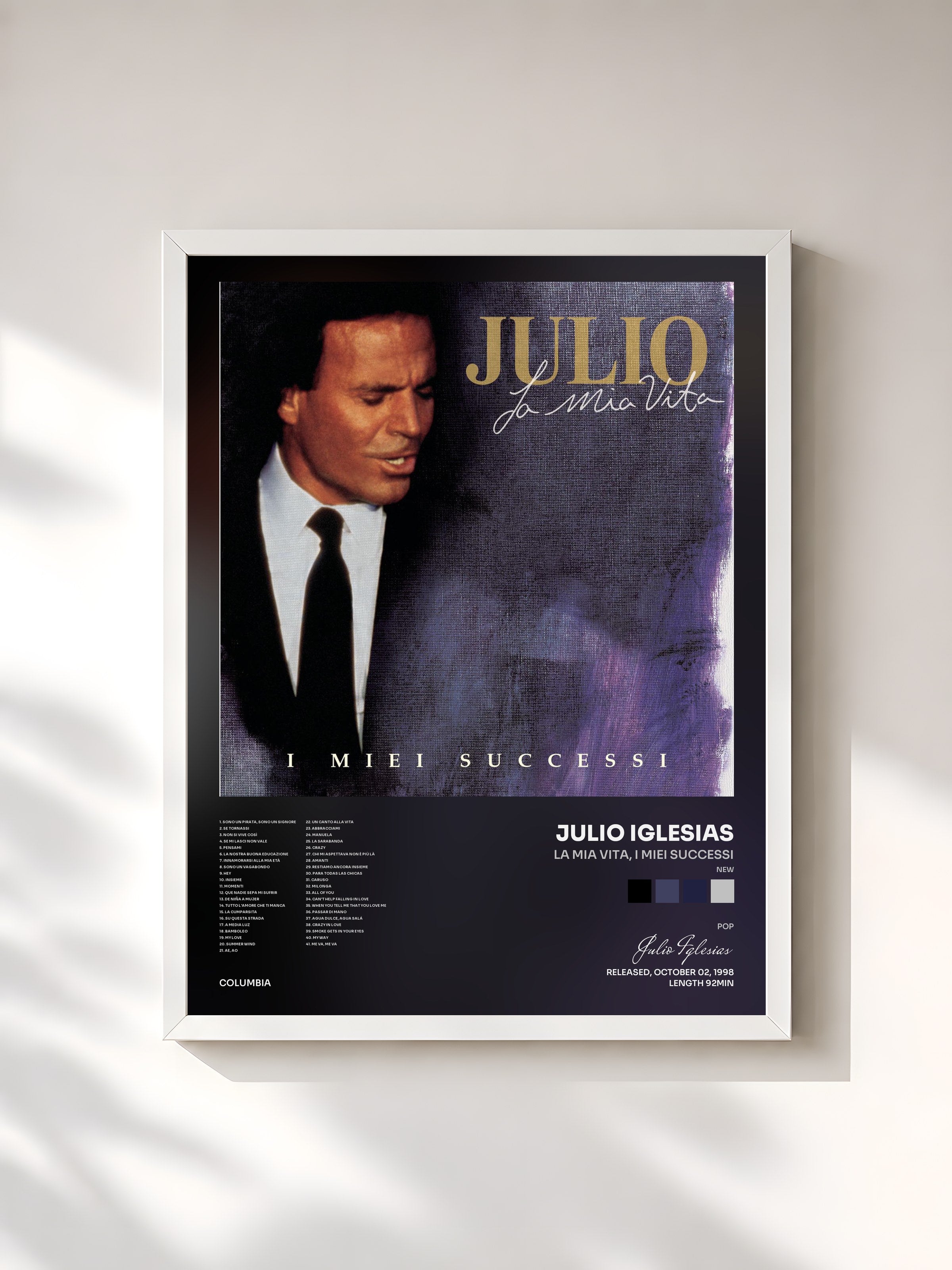 #blanc Tableau de l'album La Mia Vita, I Miei Successi (New) de Julio Iglesias, cadre blanc, imprimé et encadré en France