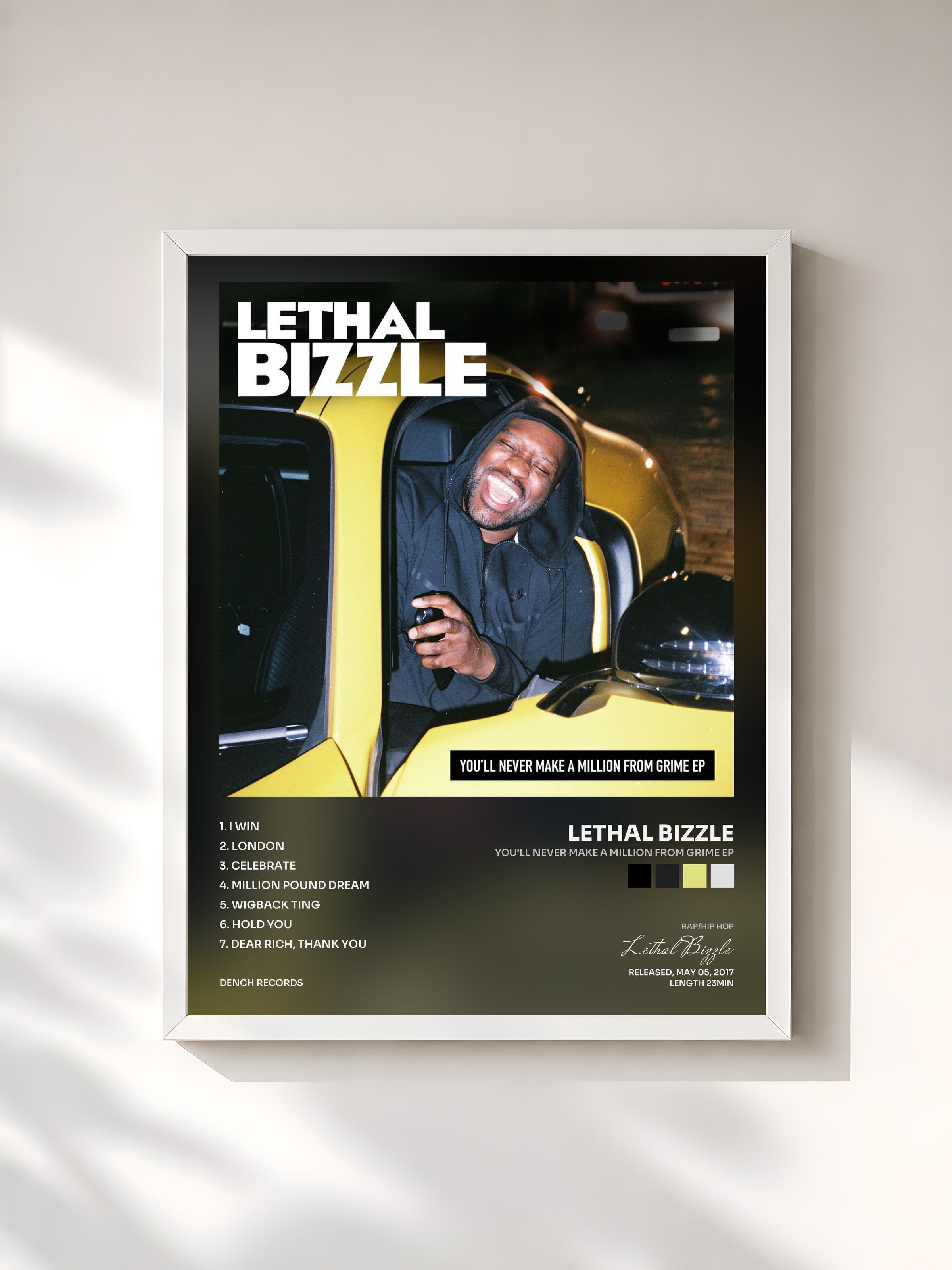 #blanc Tableau de l'album You'll Never Make a Million from Grime EP de Lethal Bizzle, cadre blanc, imprimé et encadré en France