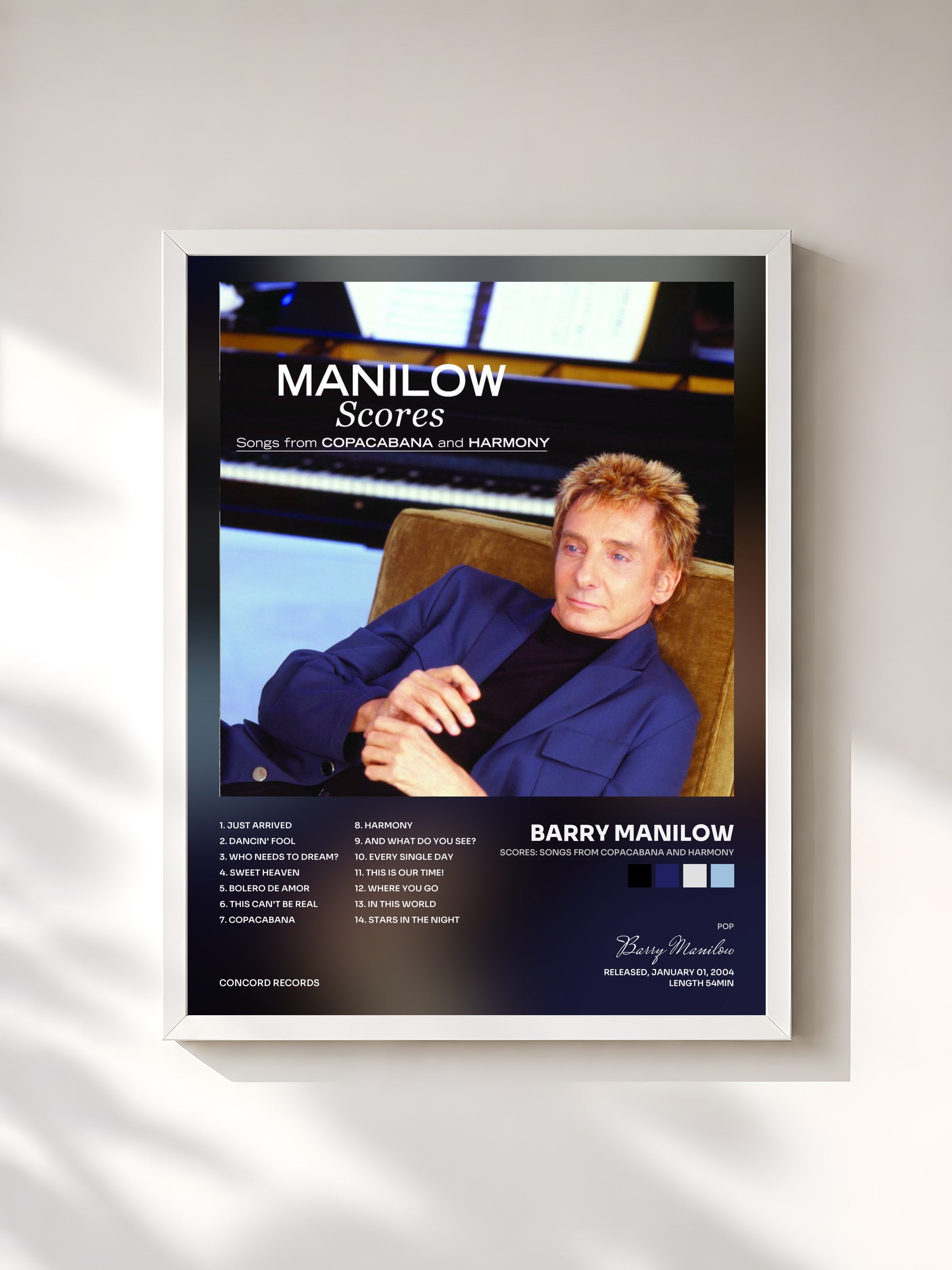 #blanc Tableau de l'album Scores: Songs From Copacabana And Harmony de Barry Manilow, cadre blanc, imprimé et encadré en France