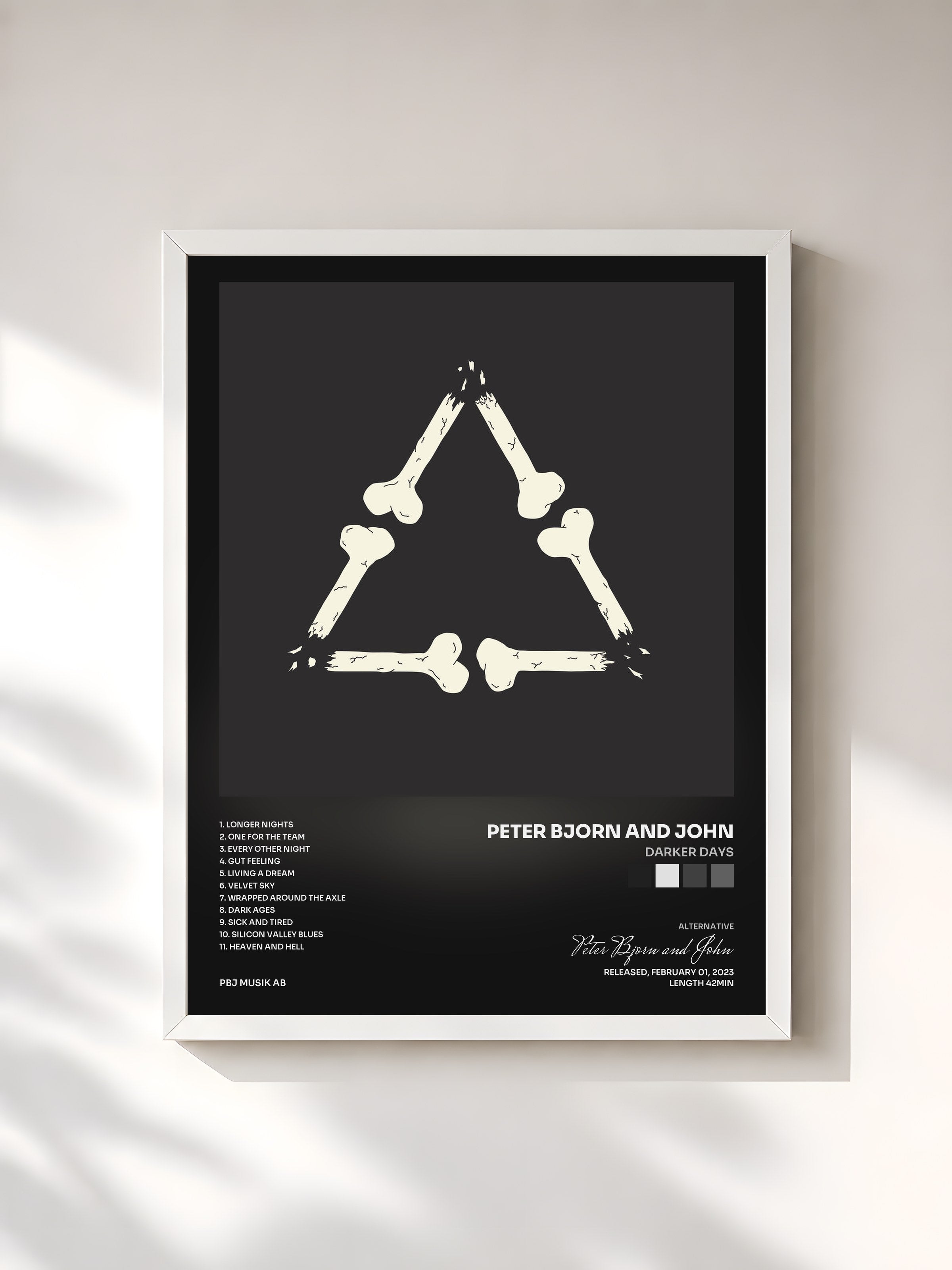 #blanc Tableau de l'album Darker Days de Peter Bjorn and John, cadre blanc, imprimé et encadré en France