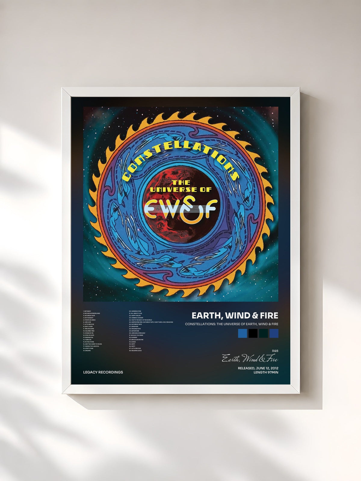 #blanc Constellations: The Universe of Earth, Wind & Fire by Earth, Wind & Fire as a framed art print, white frame, printed and framed in France