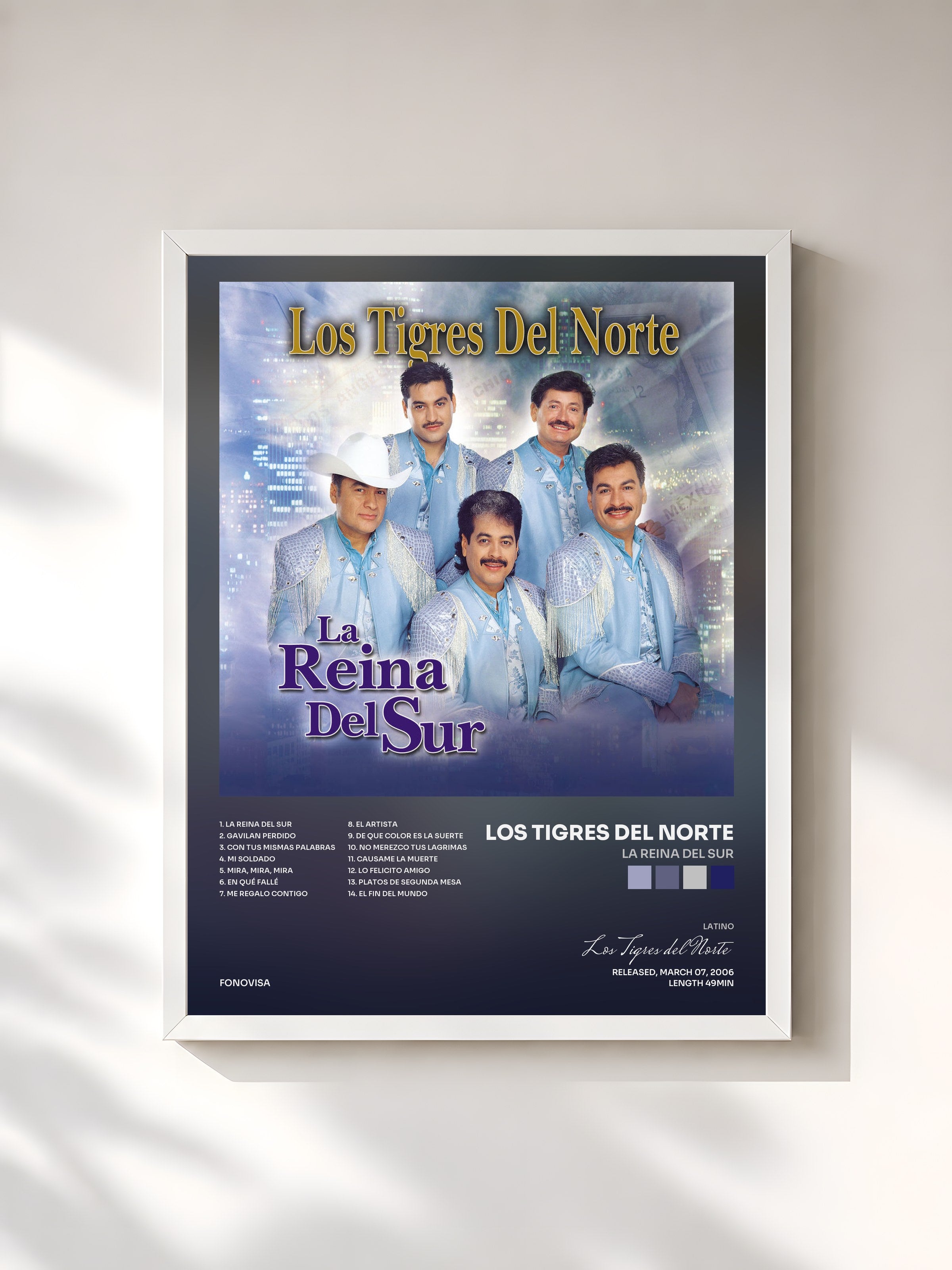 #blanc Tableau de l'album La Reina Del Sur de Los Tigres del Norte, cadre blanc, imprimé et encadré en France