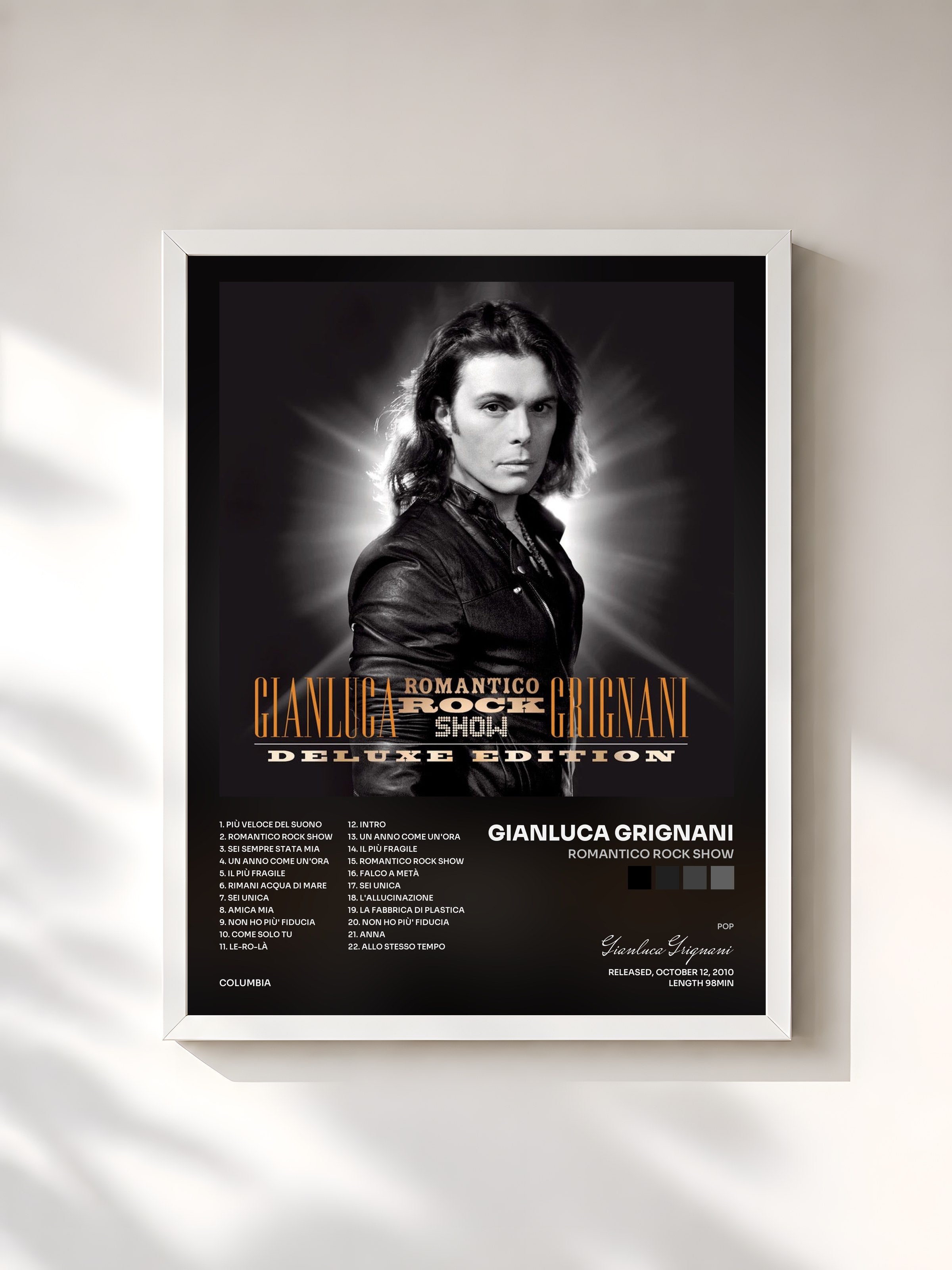 #blanc Tableau de l'album Romantico Rock Show de Gianluca Grignani, cadre blanc, imprimé et encadré en France