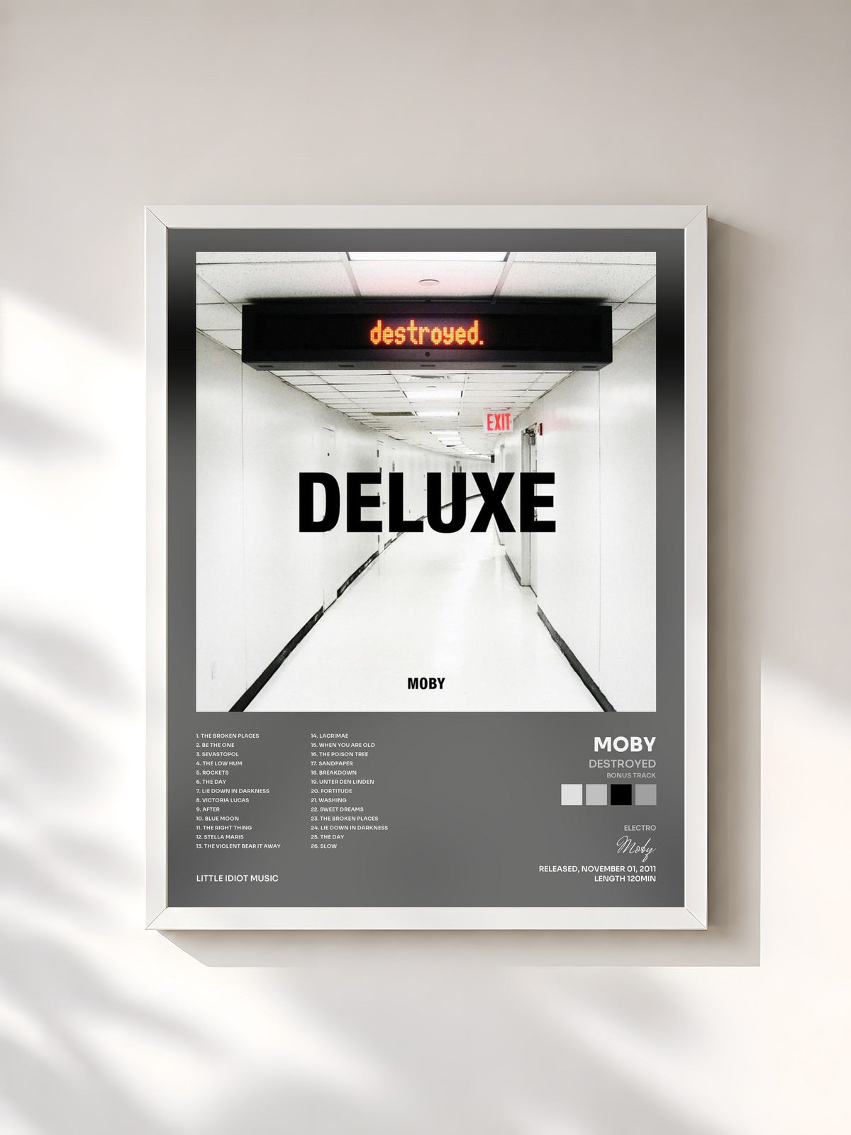 #blanc Tableau de l'album Destroyed (Bonus Track) de Moby, cadre blanc, imprimé et encadré en France