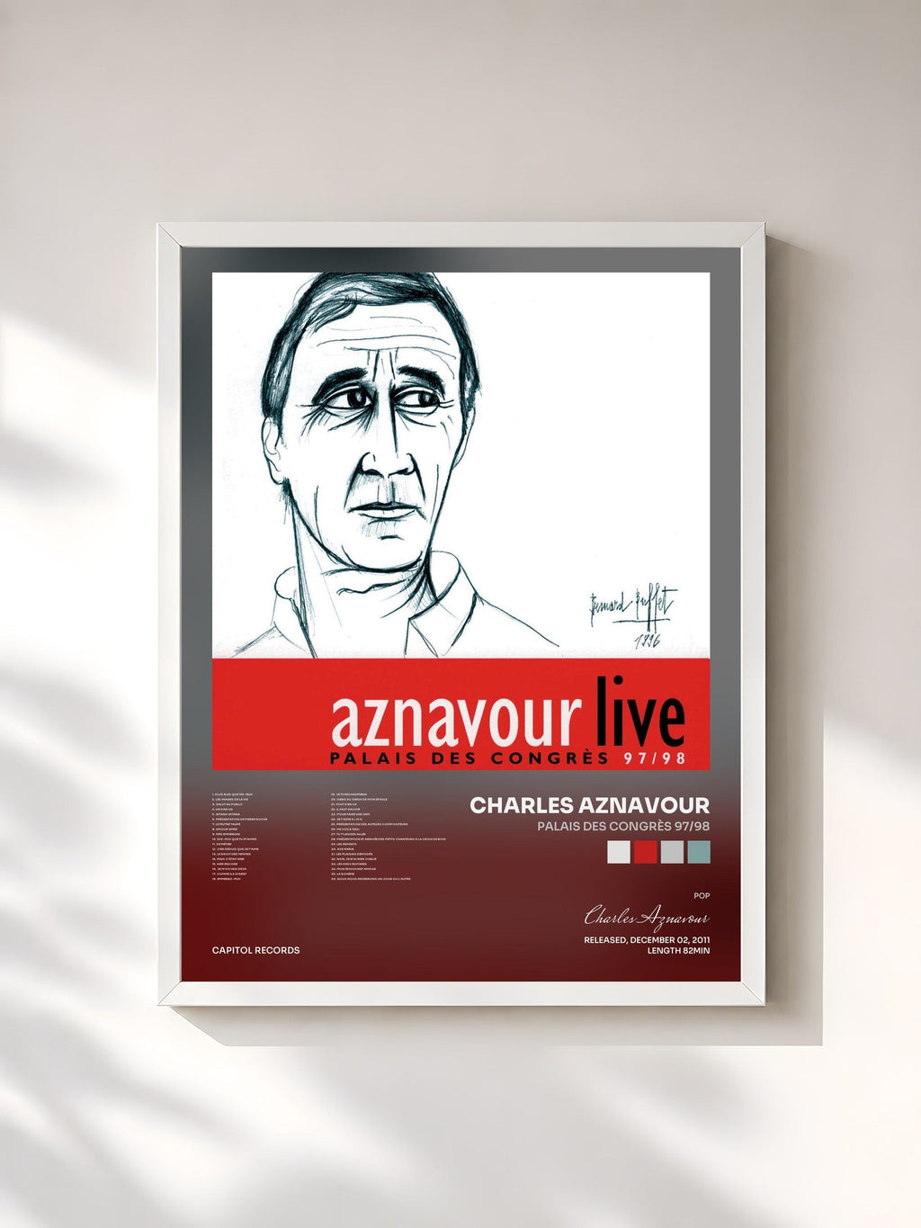 #blanc Tableau de l'album Palais des Congrès 97/98 de Charles Aznavour, cadre blanc, imprimé et encadré en France