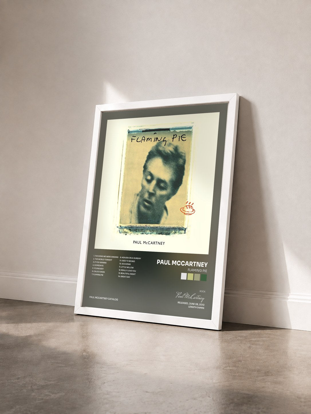 #blanc Tableau de l'album Flaming Pie de Paul McCartney vu de trois quarts, cadre blanc