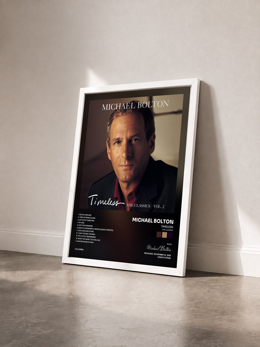#blanc Timeless (The Classics) Vol. 2 de Michael Bolton en lámina enmarcada vista de tres cuartos, marco blanco