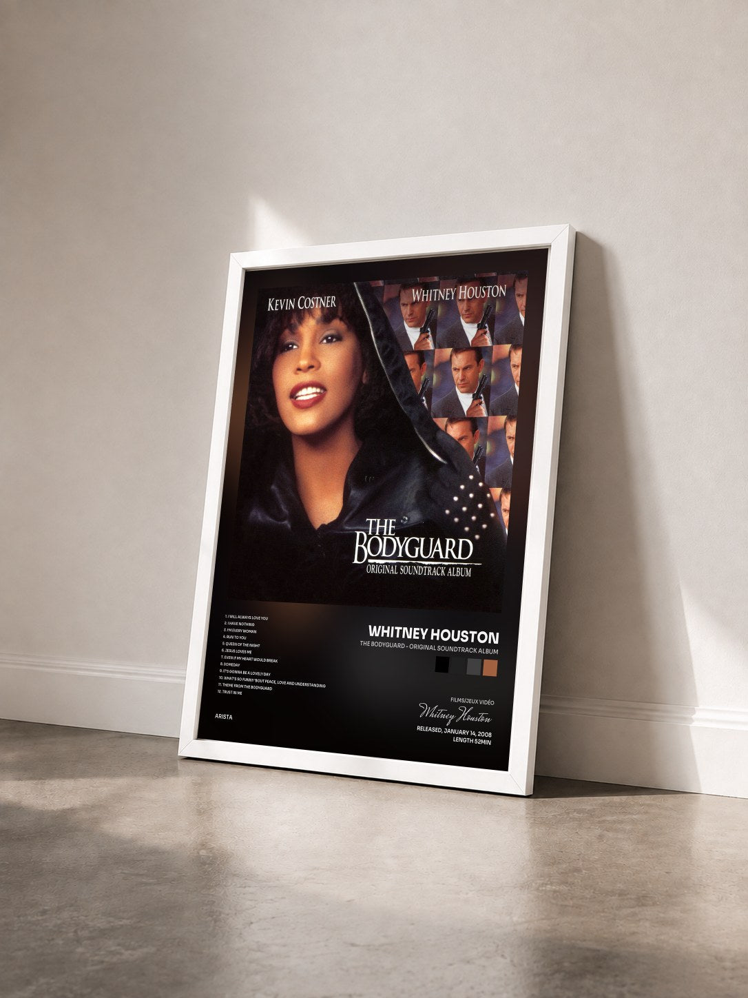 #blanc The Bodyguard - Original Soundtrack Album de Whitney Houston en lámina enmarcada vista de tres cuartos, marco blanco