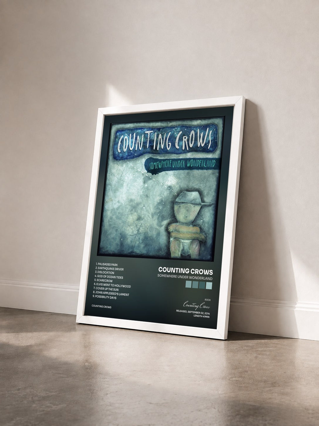 #blanc Tableau de l'album Somewhere Under Wonderland de Counting Crows vu de trois quarts, cadre blanc
