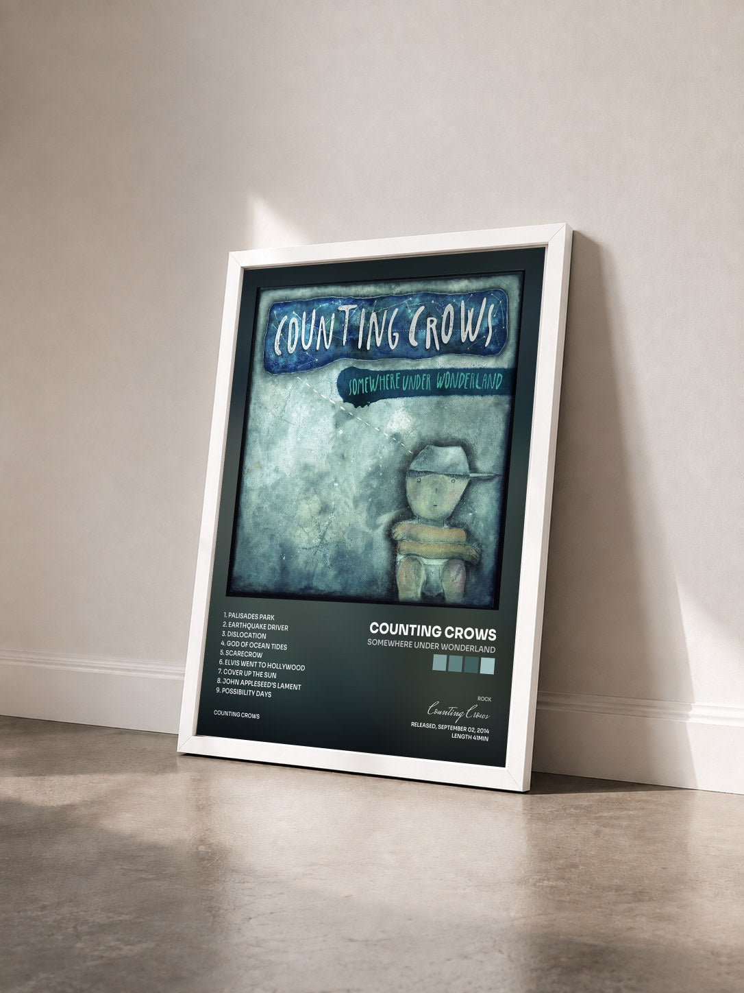 #blanc Somewhere Under Wonderland von Counting Crows als gerahmter Kunstdruck von schräg gesehen, weißer Rahmen