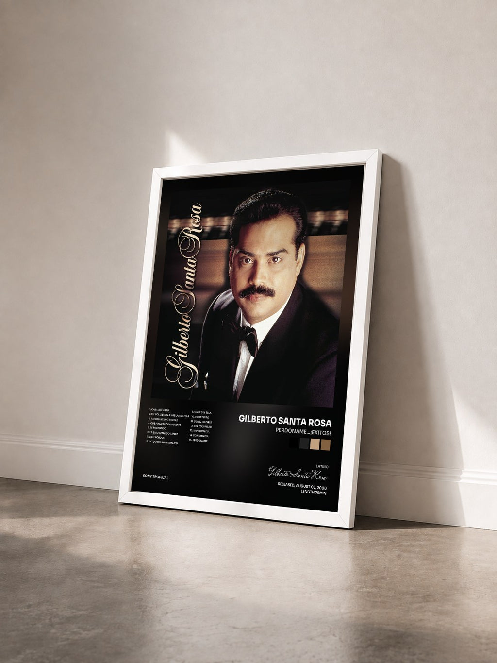 #blanc Tableau de l'album Perdoname...¡Exitos! de Gilberto Santa Rosa vu de trois quarts, cadre blanc