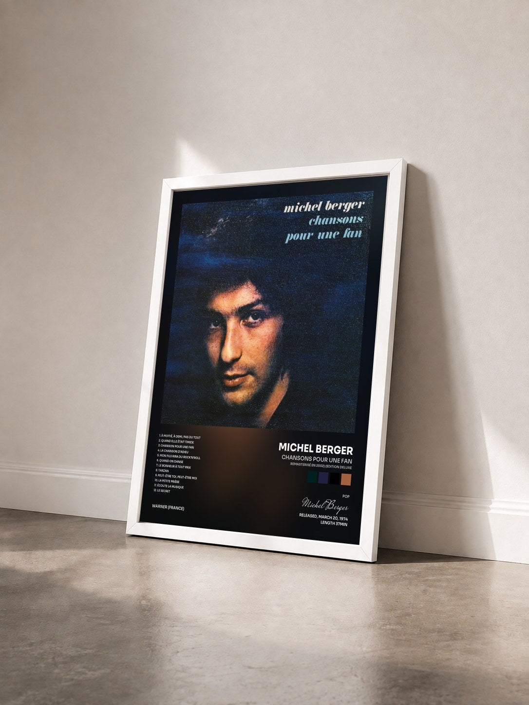 #blanc Tableau de l'album Chansons pour une fan (Remasterisé en 2002) (Edition Deluxe) de Michel Berger vu de trois quarts, cadre blanc