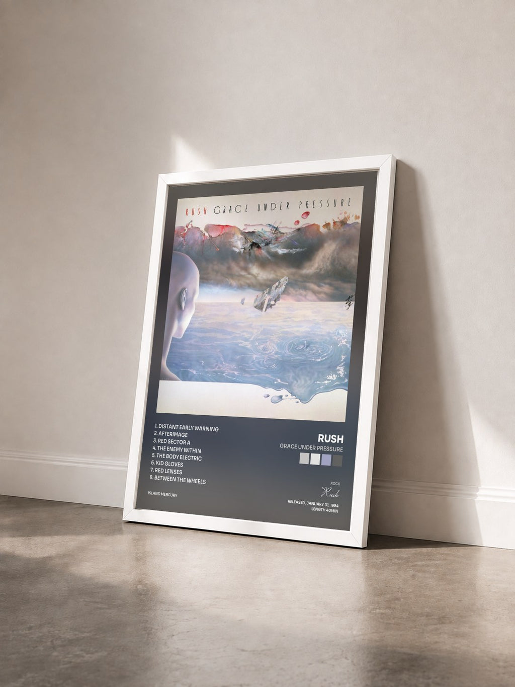 #blanc Tableau de l'album Grace Under Pressure de Rush vu de trois quarts, cadre blanc