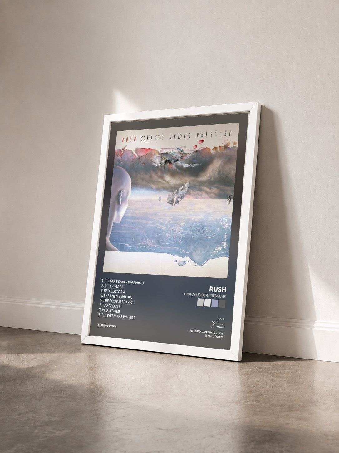 #blanc Tableau de l'album Grace Under Pressure de Rush vu de trois quarts, cadre blanc