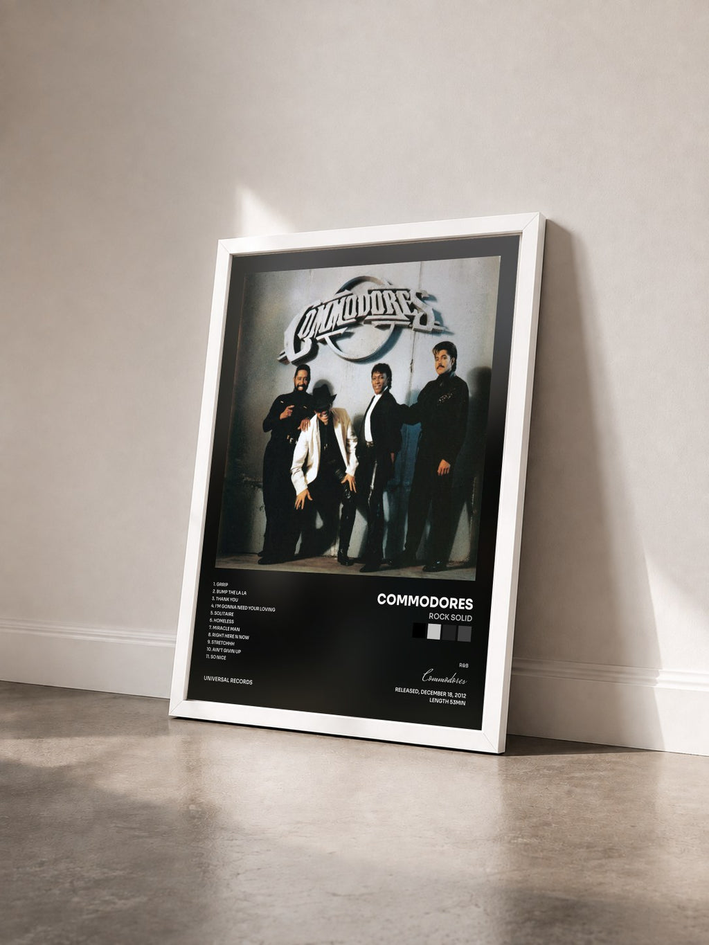 #blanc Tableau de l'album Rock Solid de Commodores vu de trois quarts, cadre blanc