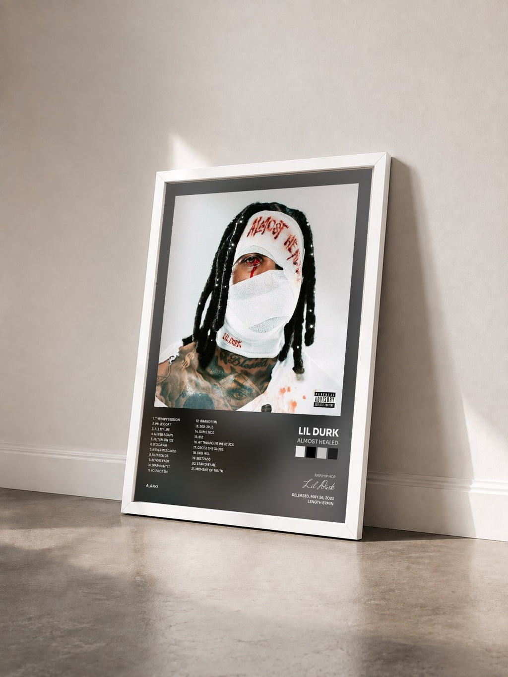 #blanc Tableau de l'album Almost Healed de Lil Durk vu de trois quarts, cadre blanc