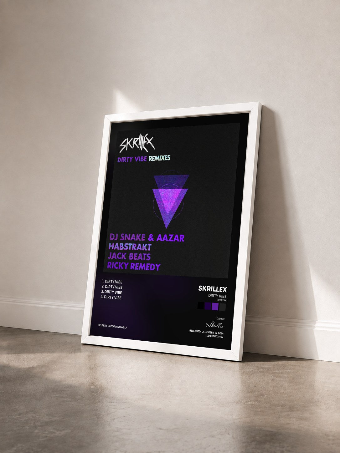 #blanc Tableau de l'album Dirty Vibe (Remixes) de Skrillex vu de trois quarts, cadre blanc