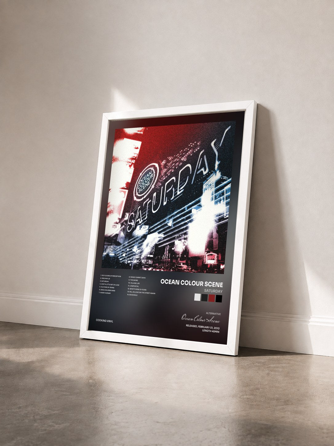 #blanc Tableau de l'album Saturday de Ocean Colour Scene vu de trois quarts, cadre blanc