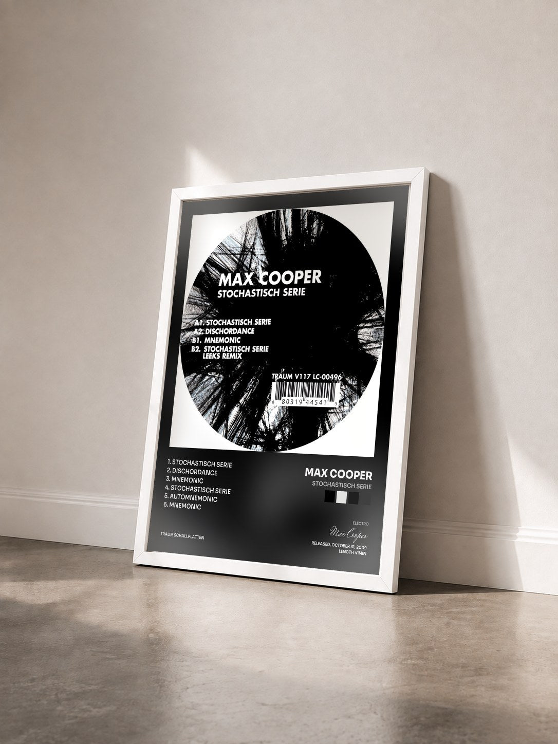 #blanc Tableau de l'album Stochastisch Serie de Max Cooper vu de trois quarts, cadre blanc