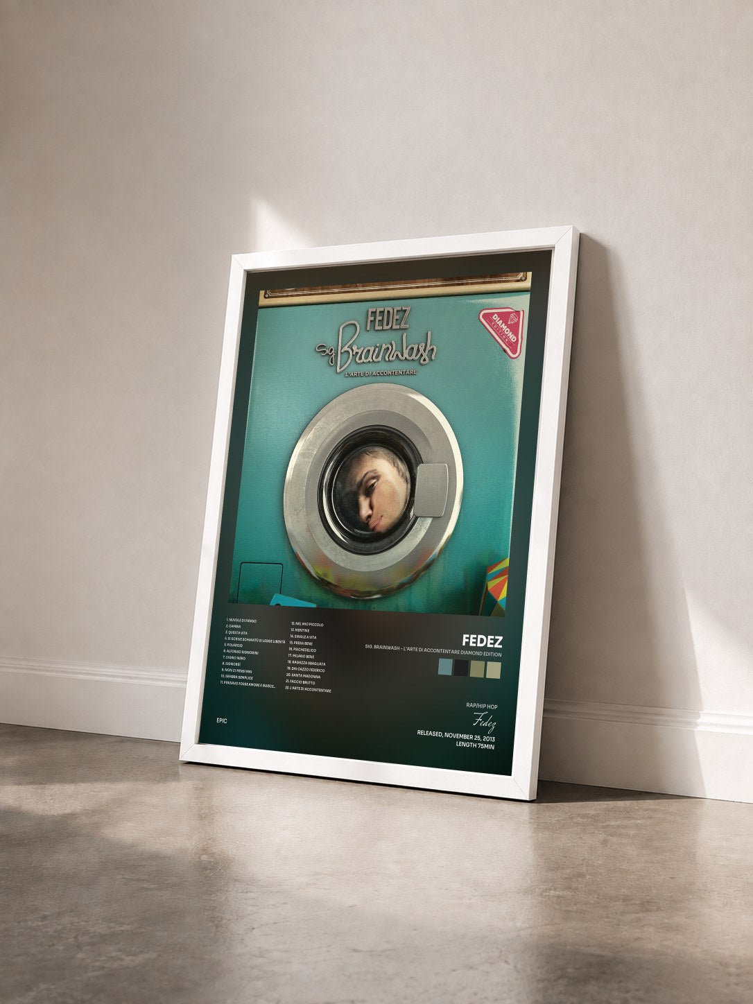 #blanc Tableau de l'album Sig. Brainwash - L'arte di accontentare Diamond Edition de Fedez vu de trois quarts, cadre blanc