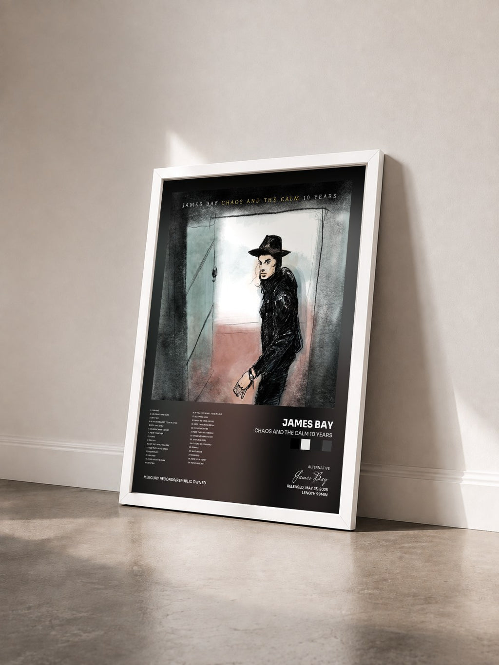 #blanc Chaos And The Calm 10 Years by James Bay as a framed art print seen at an angle, white frame