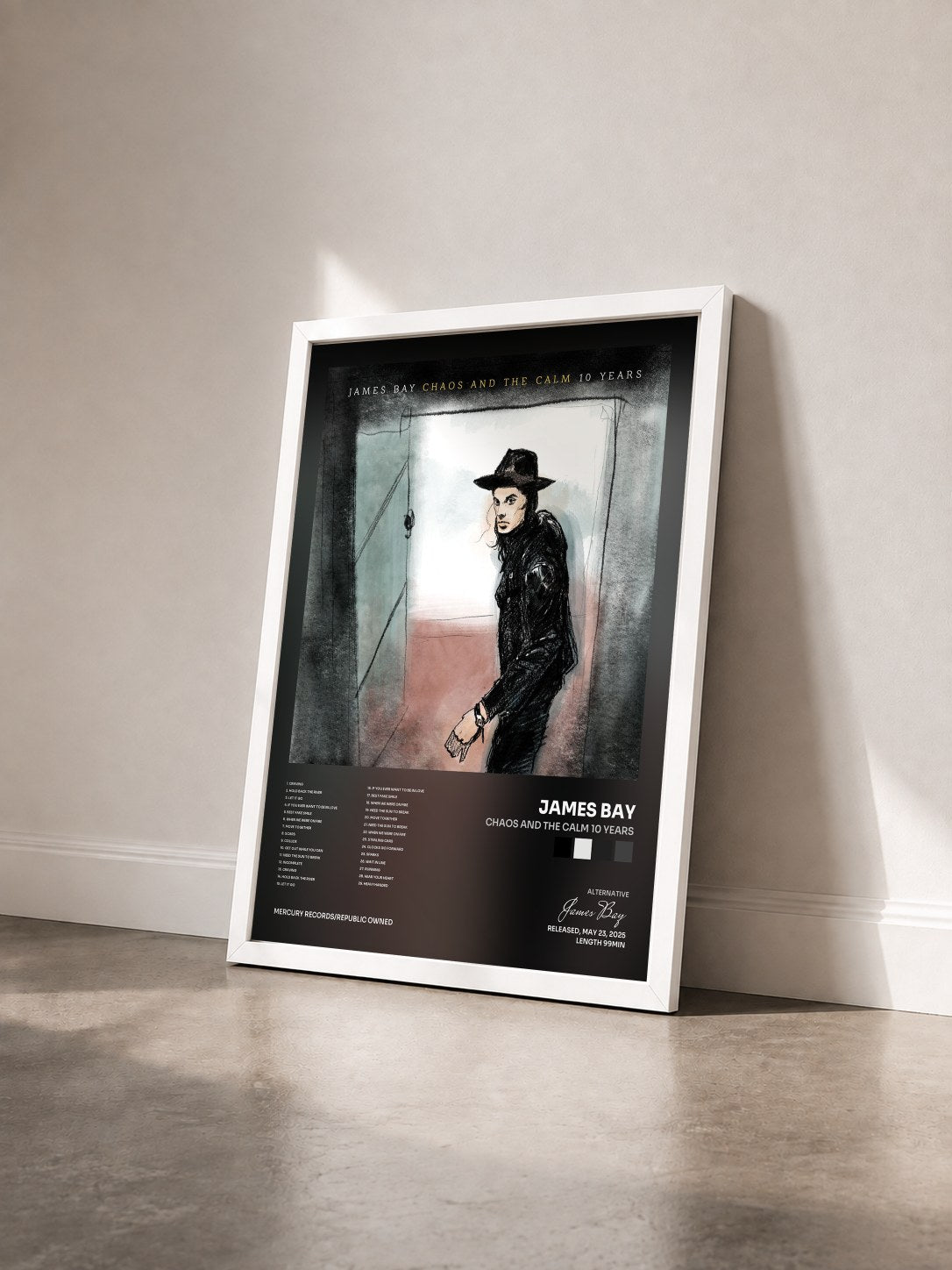 #blanc Tableau de l'album Chaos And The Calm 10 Years de James Bay vu de trois quarts, cadre blanc