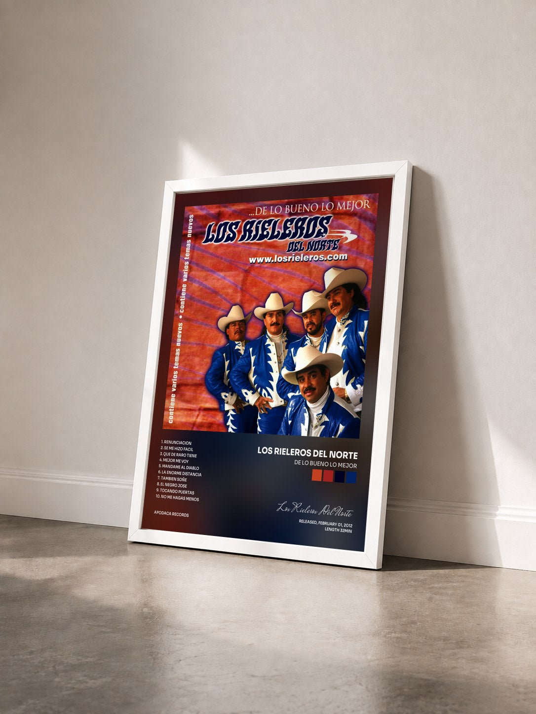 #blanc Tableau de l'album De Lo Bueno Lo Mejor de Los Rieleros Del Norte vu de trois quarts, cadre blanc