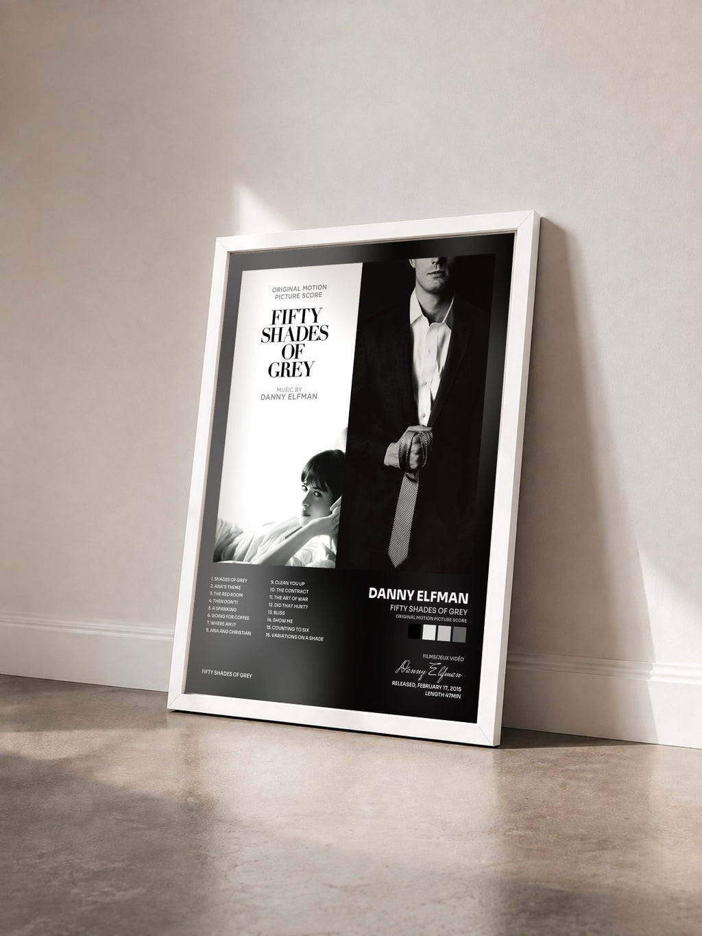 #blanc Fifty Shades Of Grey (Original Motion Picture Score) by Danny Elfman as a framed art print seen at an angle, white frame
