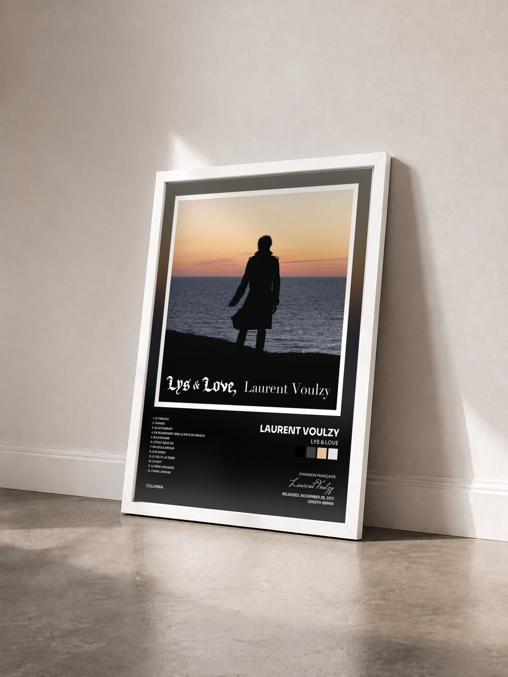 #blanc Tableau de l'album Lys & Love de Laurent Voulzy vu de trois quarts, cadre blanc