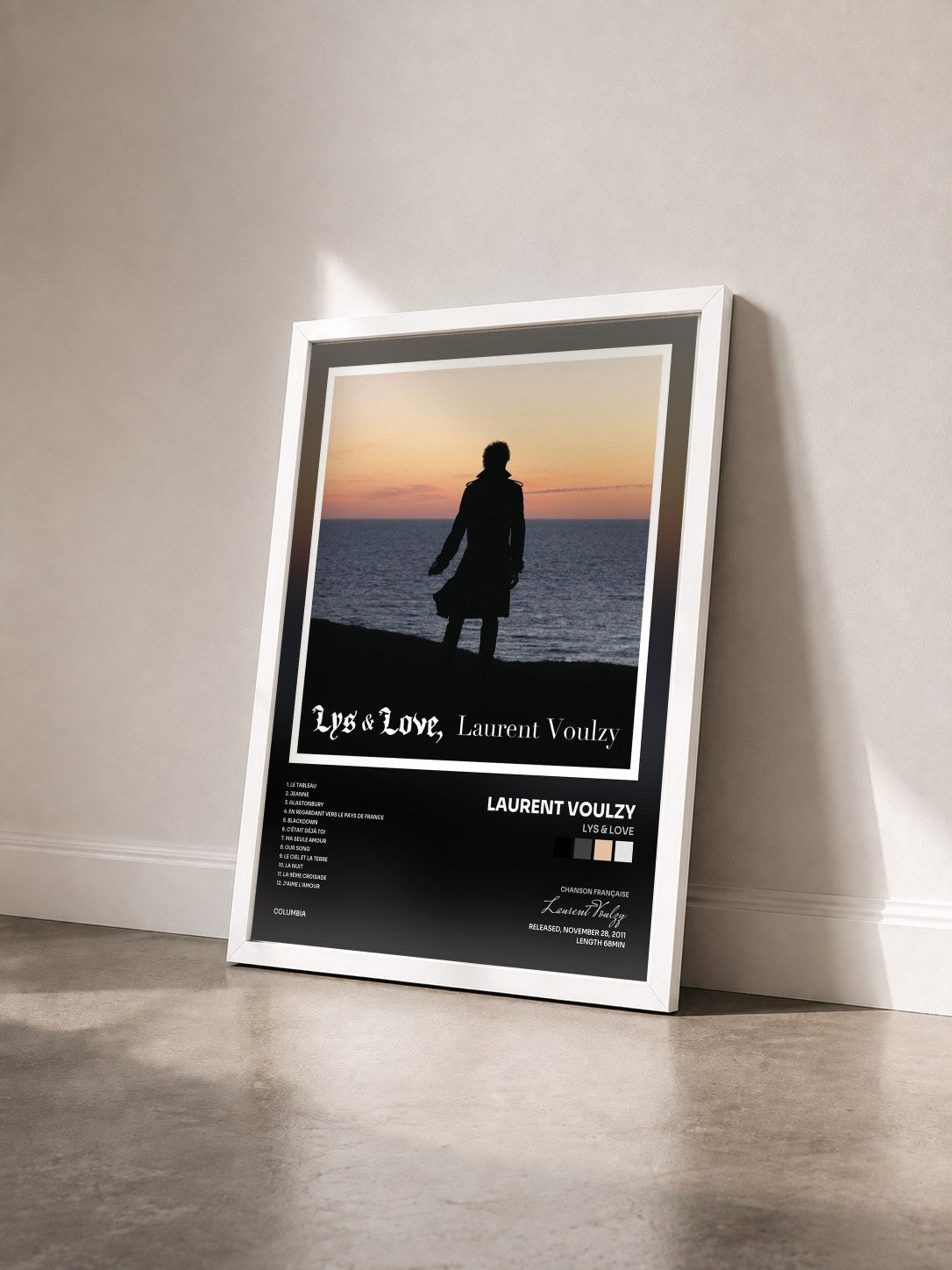#blanc Tableau de l'album Lys & Love de Laurent Voulzy vu de trois quarts, cadre blanc
